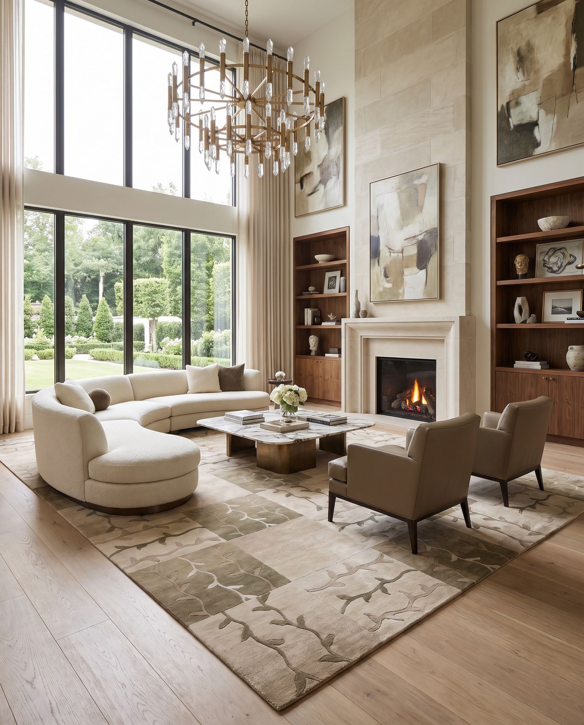 Mugal IN-8083 Hand Knotted Rug as the centerpiece of a bright luxury living room — a hand knotted modern area rug in multicolor tones