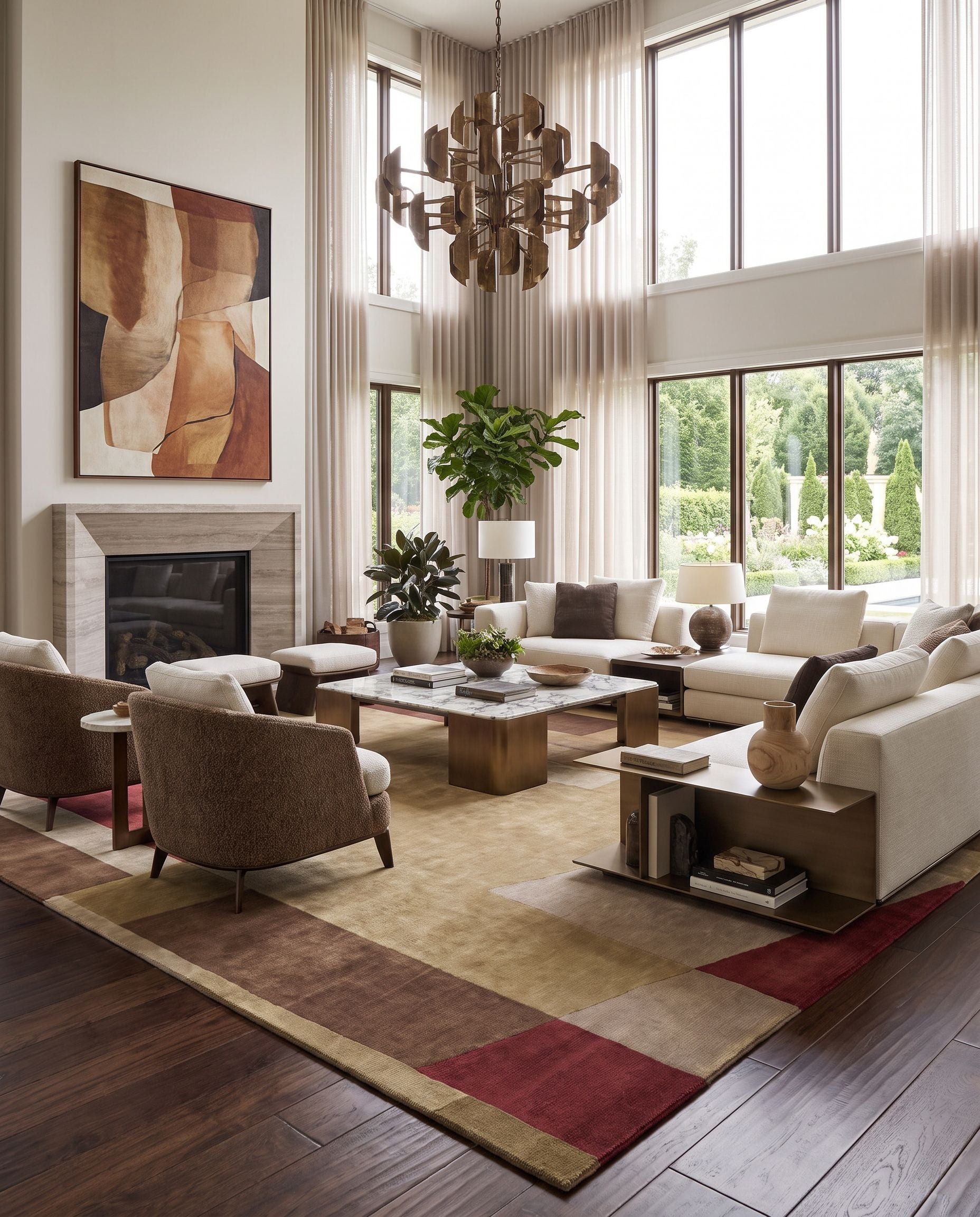 Mugal IN-8101 Hand Knotted Rug as the centerpiece of a bright luxury living room — a hand knotted modern area rug in multicolor tones