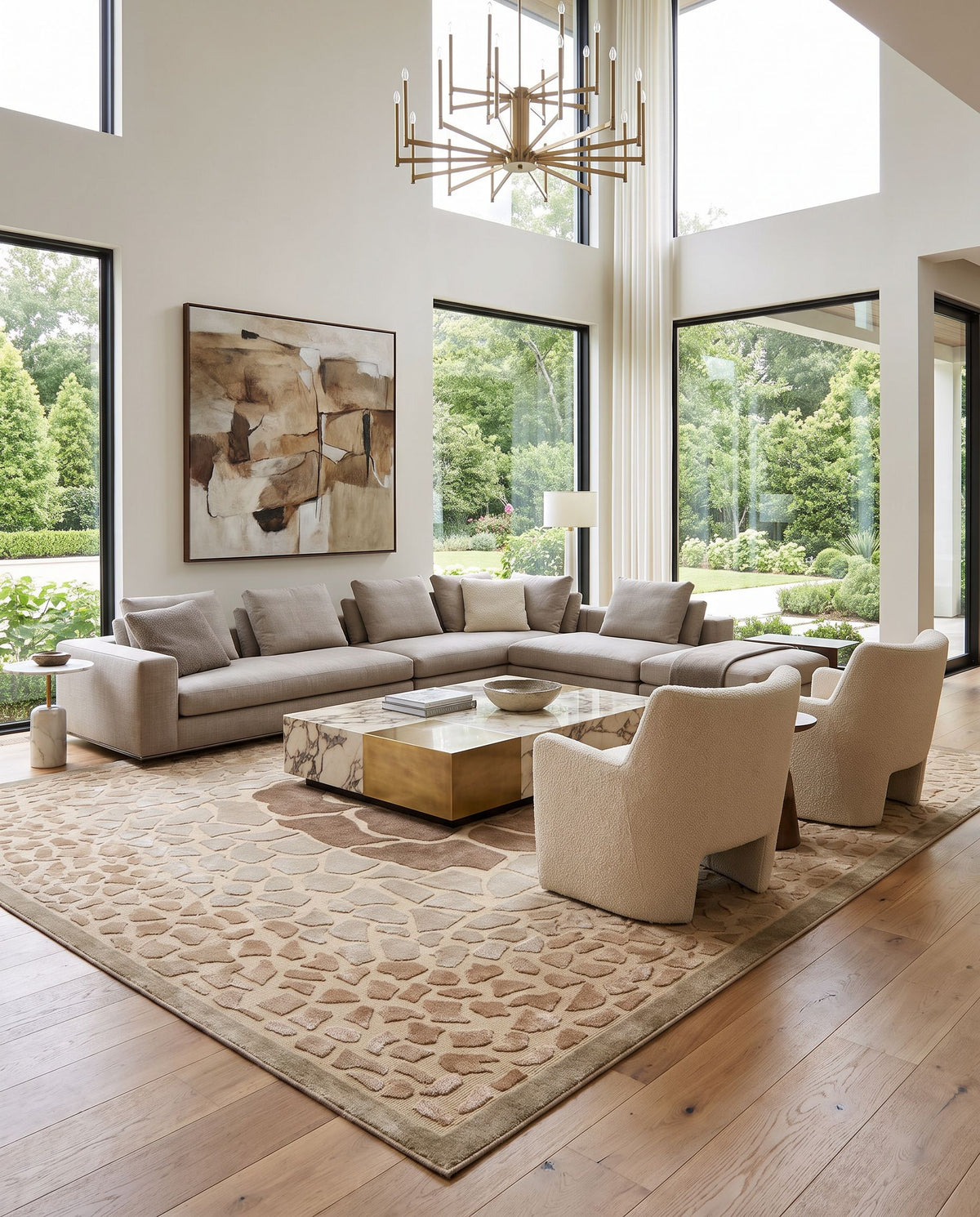 Mugal IN-8152 Hand Knotted Rug as the centerpiece of a bright luxury living room — a hand knotted modern area rug in multicolor tones