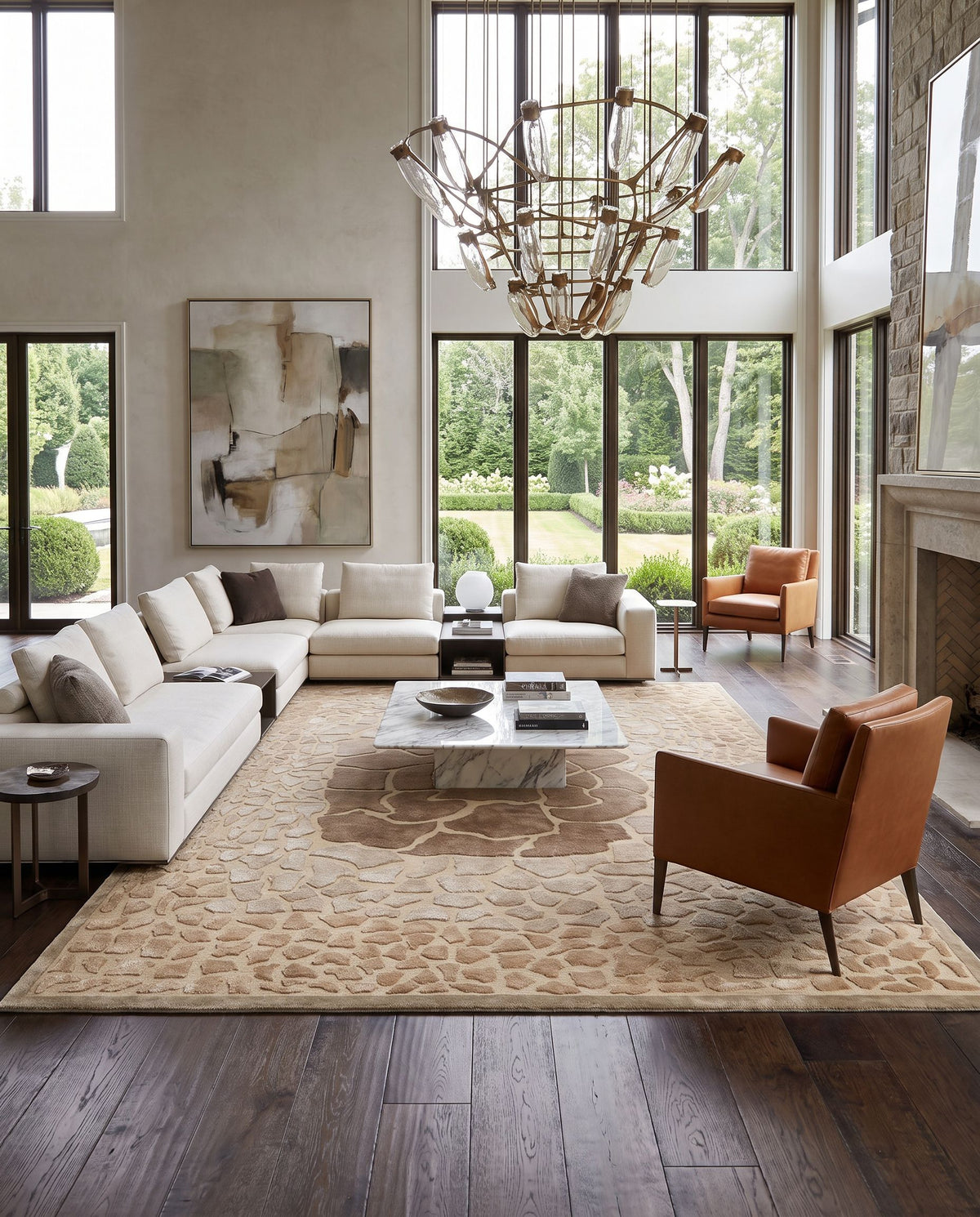 Mugal IN-8152 Hand Knotted Rug styled in an elegant designer living room — hand knotted modern area rug in multicolor tones