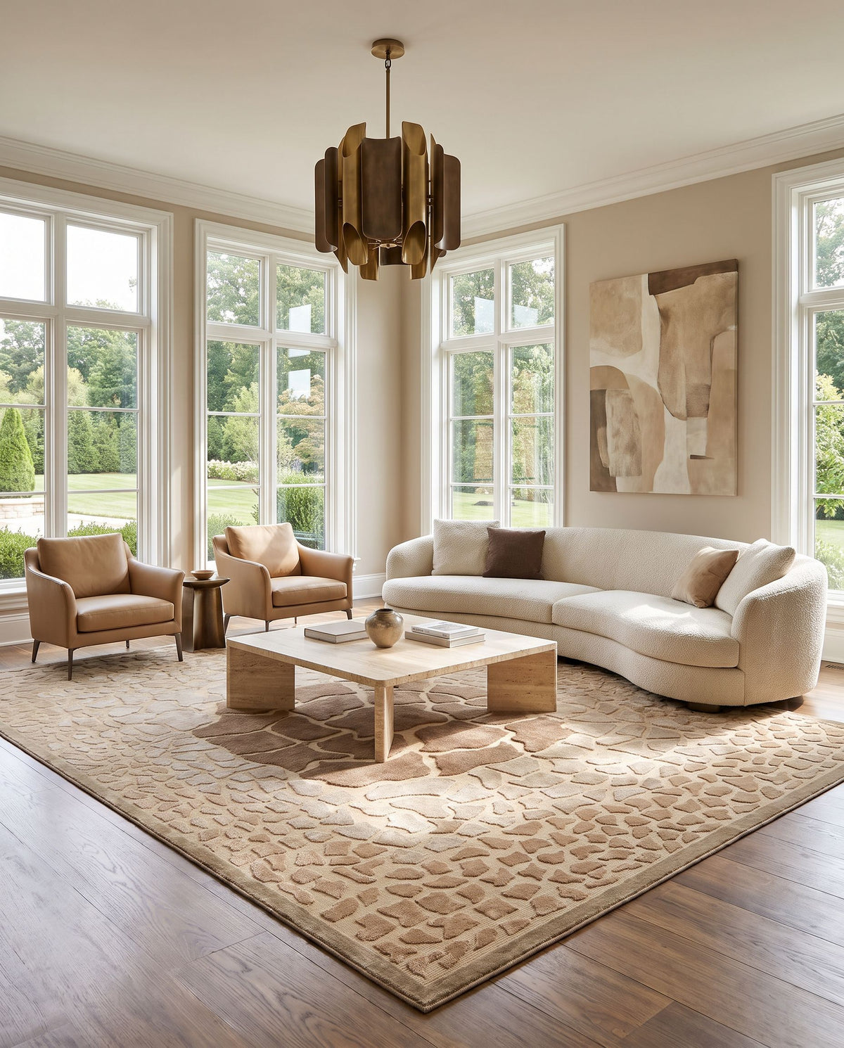 Mugal IN-8152 Hand Knotted Rug styled in an elegant designer living room — hand knotted modern area rug in multicolor tones