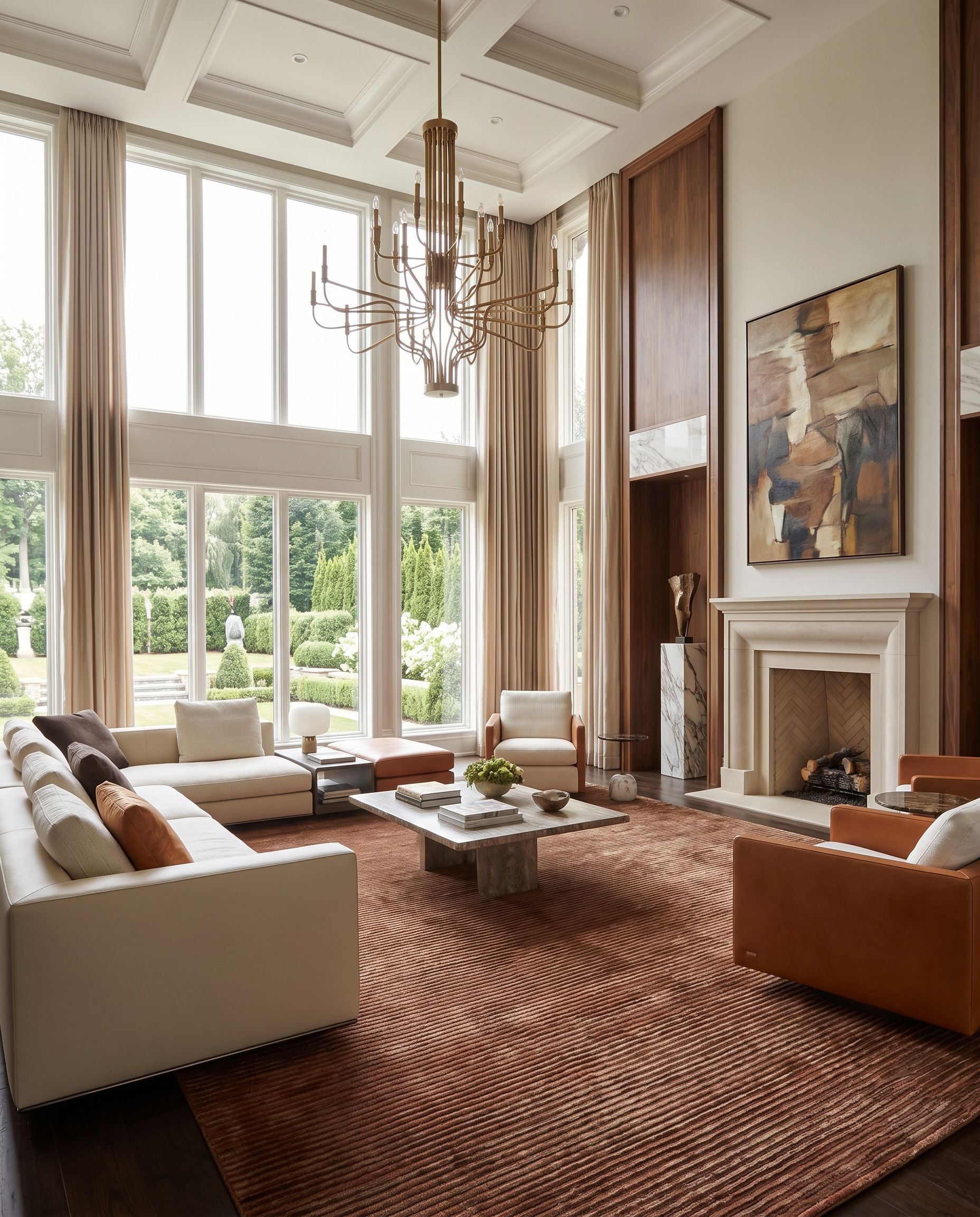 Mugal IN-8247 Hand Knotted Rug as the centerpiece of a bright luxury living room — a hand knotted cottage area rug in brown and burnt orange tones