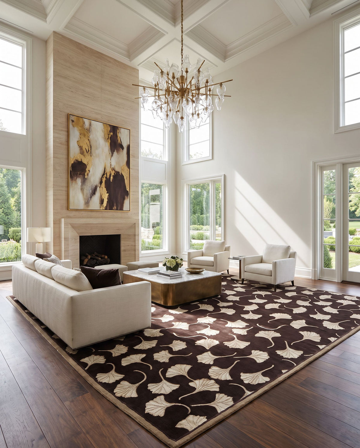 Mugal IN-8262 Hand Knotted Rug as the centerpiece of a bright luxury living room — a hand knotted modern area rug in multicolor tones