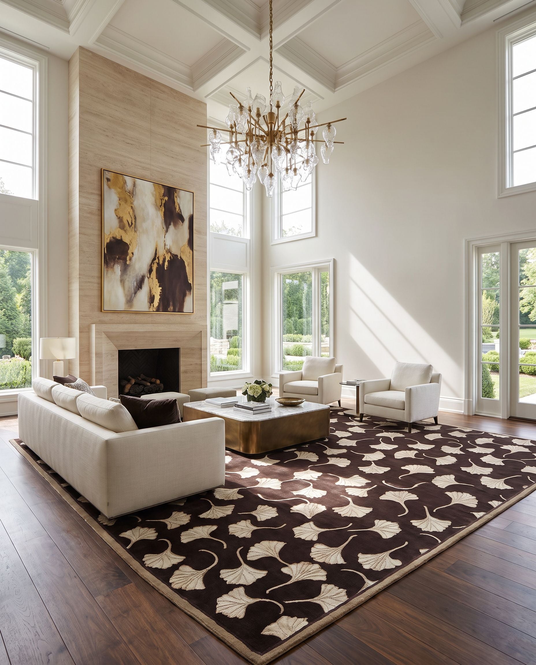 Mugal IN-8262 Hand Knotted Rug as the centerpiece of a bright luxury living room — a hand knotted modern area rug in multicolor tones