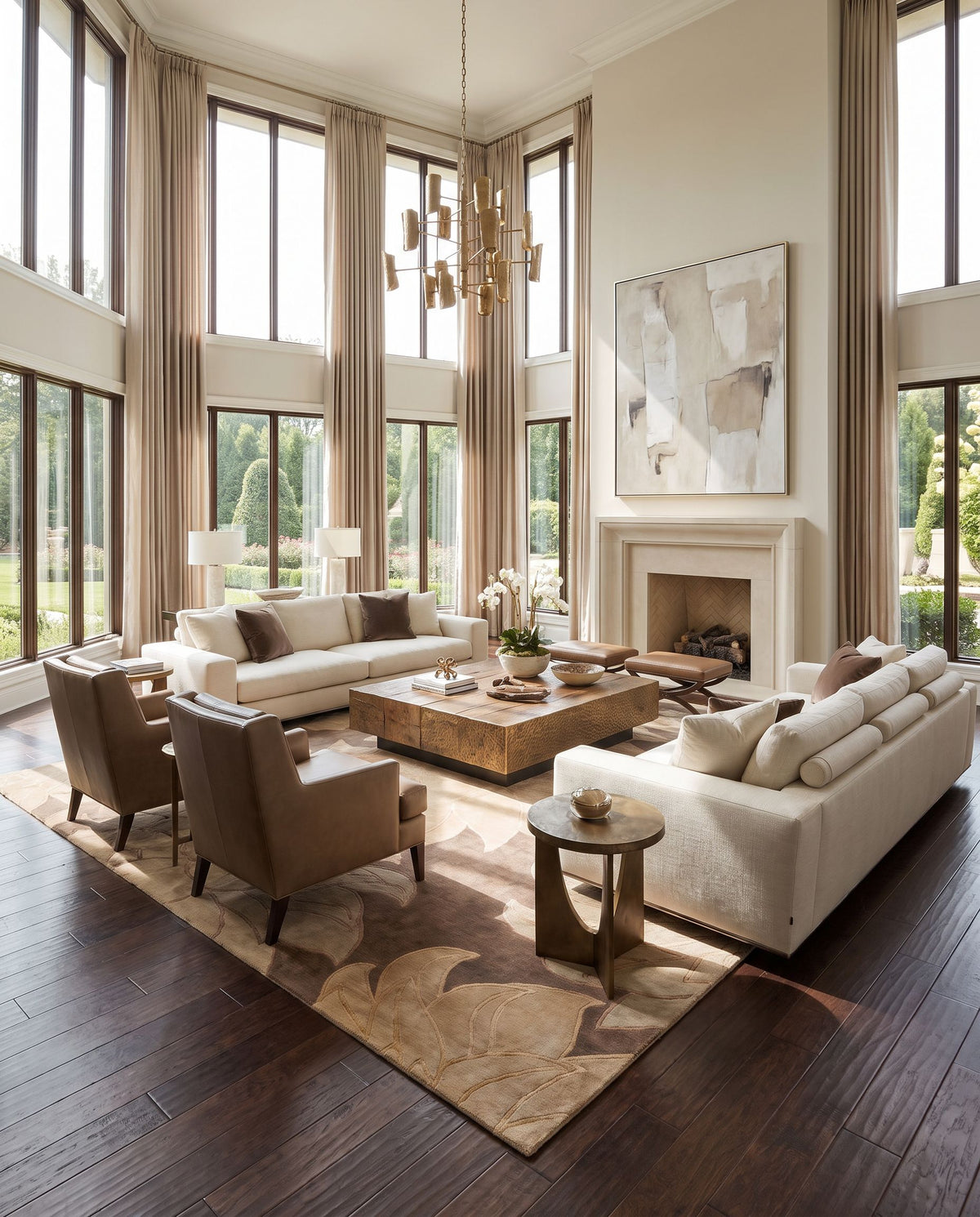Mugal IN-8269 Hand Knotted Rug as the centerpiece of a bright luxury living room — a hand knotted modern area rug in multicolor tones