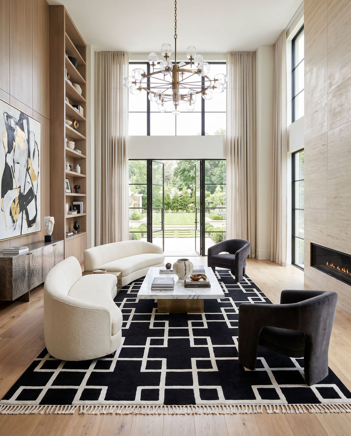 Mugal IN-8594 Hand Knotted Rug as the centerpiece of a bright luxury living room — a hand knotted modern area rug in black and white tones