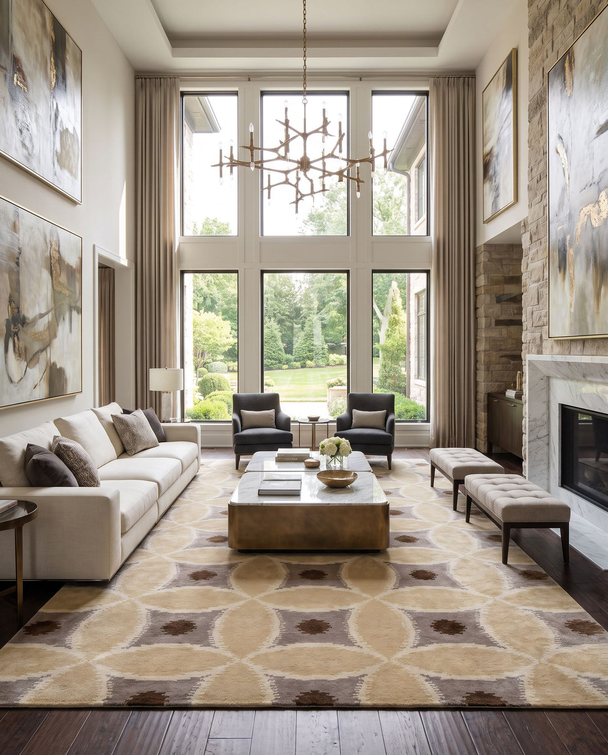Mugal IN-8595 Hand Knotted Rug as the centerpiece of a bright luxury living room — a hand knotted modern area rug in ivory, brown, mustard and dark brown tones