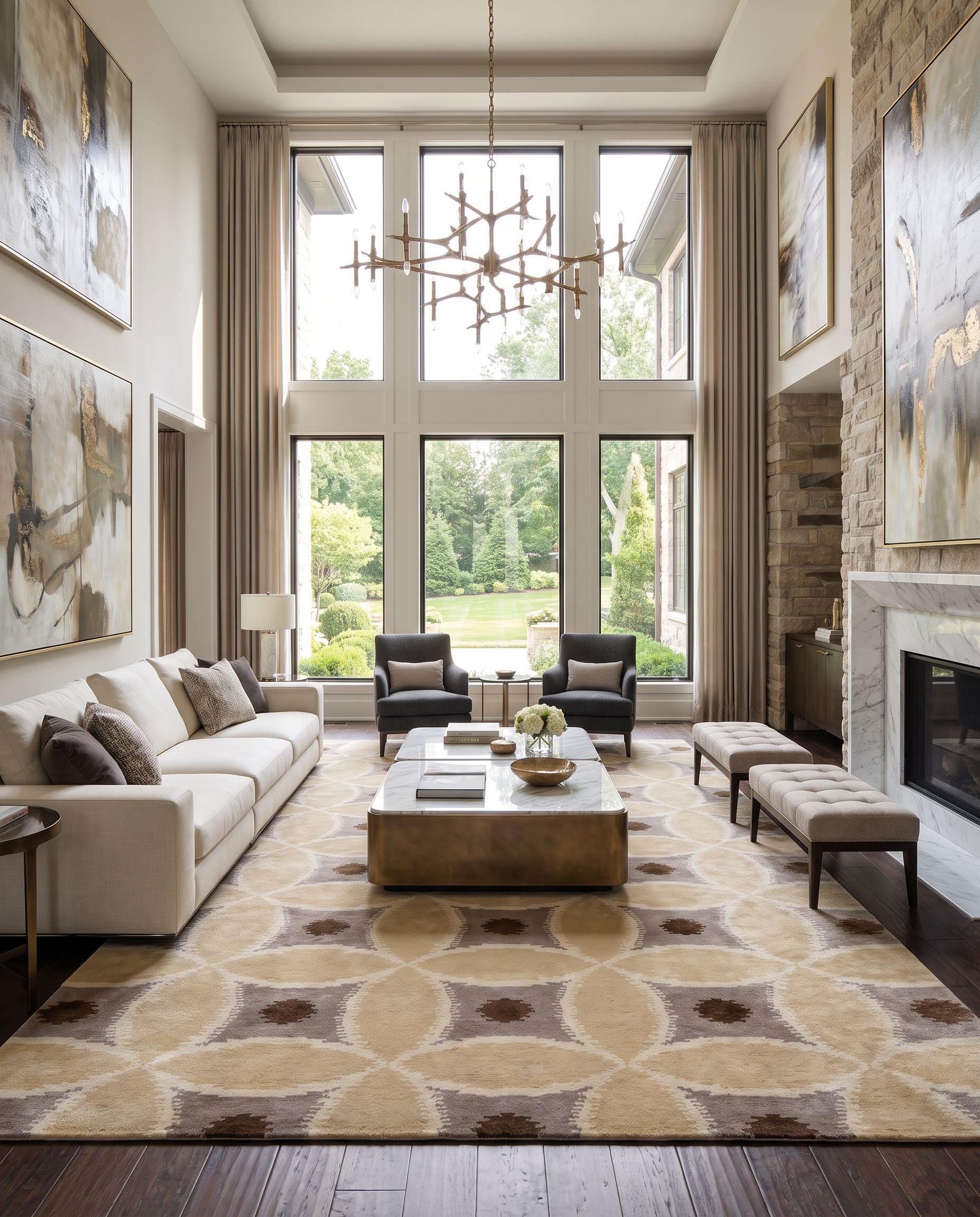 Mugal IN-8595 Hand Knotted Rug as the centerpiece of a bright luxury living room — a hand knotted modern area rug in ivory, brown, mustard and dark brown tones
