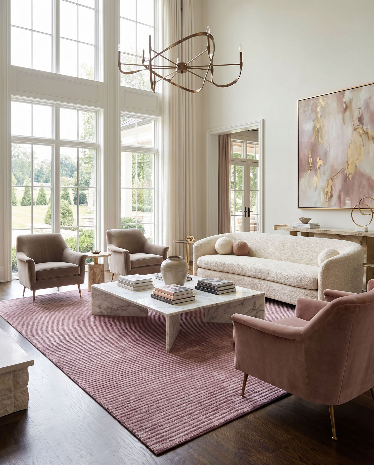 Mugal IN-8617 Hand Knotted Rug as the centerpiece of a bright luxury living room — a hand knotted cottage area rug in burgundy and dark purple tones