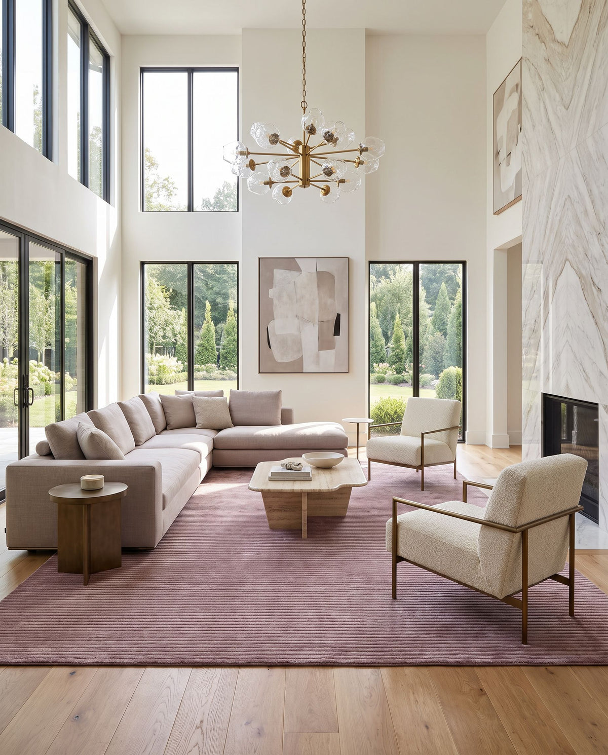 Mugal IN-8617 Hand Knotted Rug styled in an elegant designer living room — hand knotted cottage area rug in burgundy and dark purple tones
