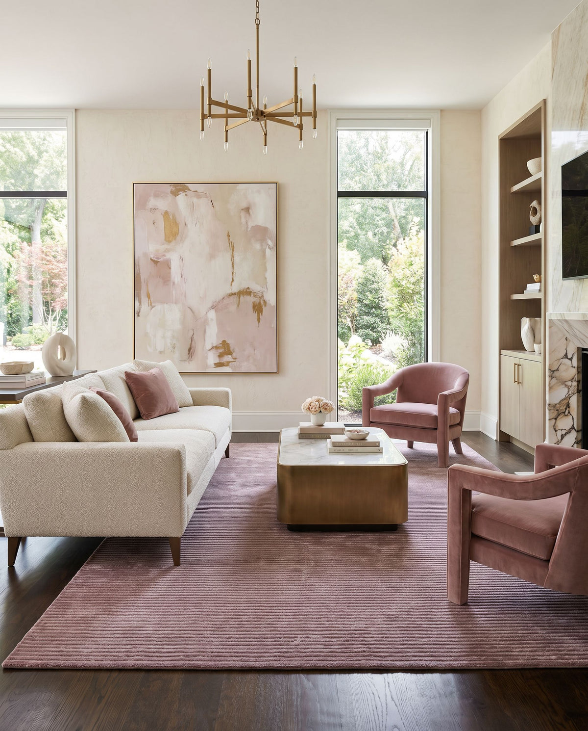 Mugal IN-8617 Hand Knotted Rug styled in an elegant designer living room — hand knotted cottage area rug in burgundy and dark purple tones