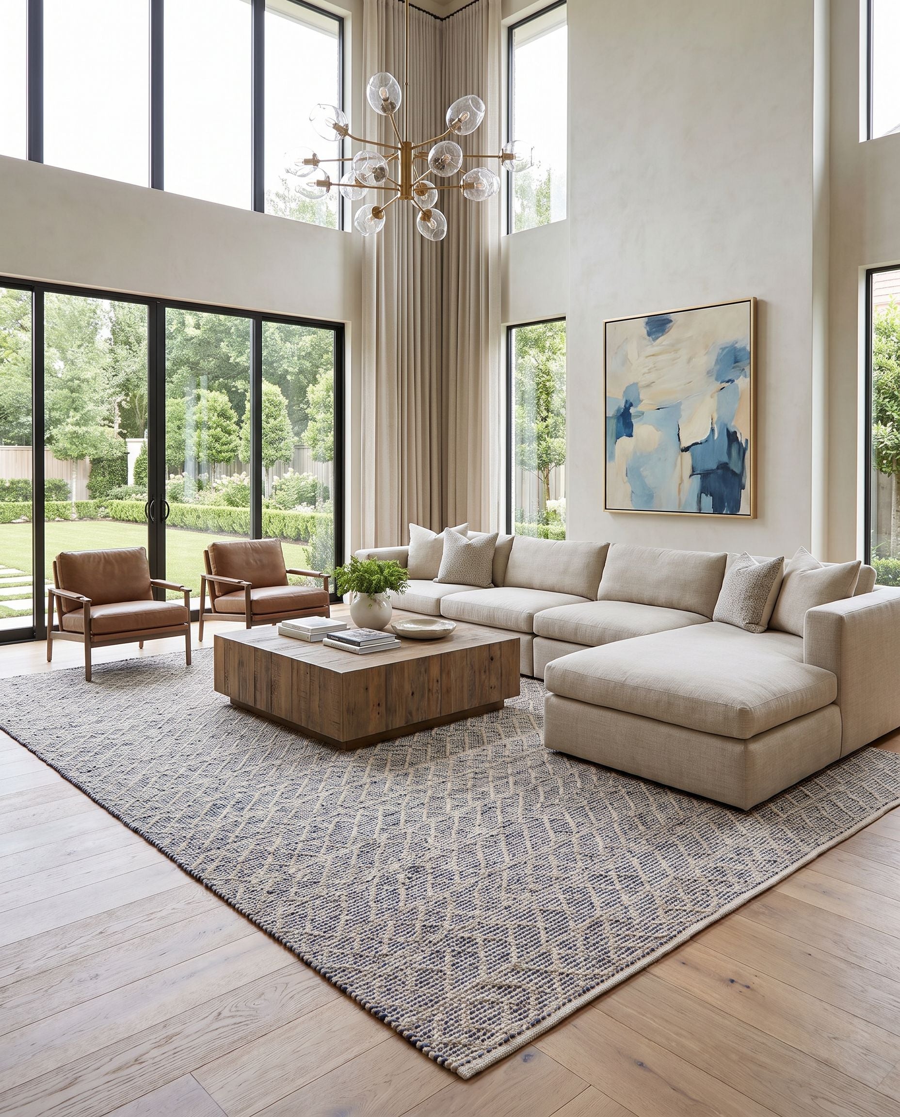 Ingrid ING-2003 Hand Woven Rug as the centerpiece of a bright luxury living room — a hand woven global area rug in dark blue, light gray and gray tones