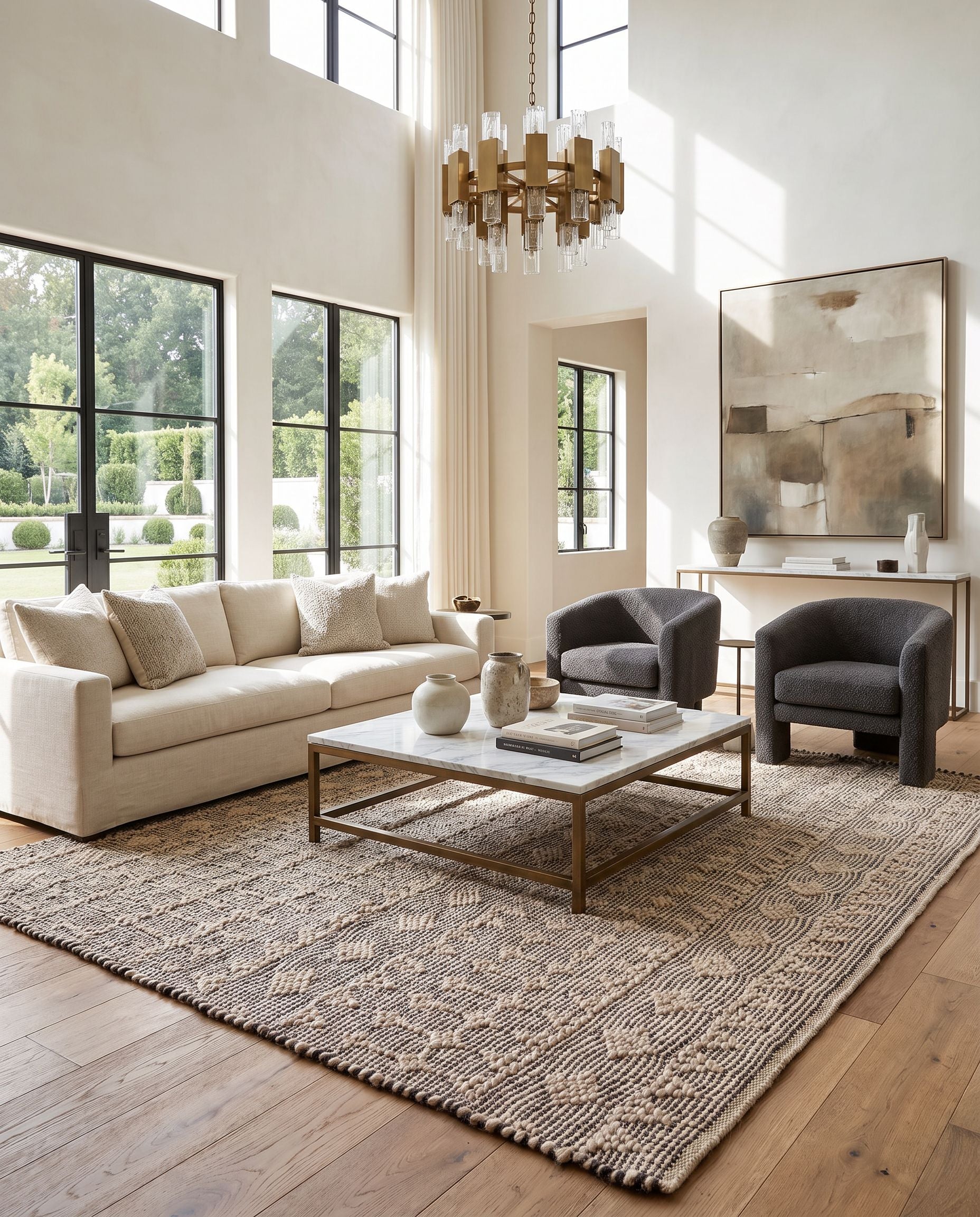 Ingrid ING-2005 Hand Woven Rug as the centerpiece of a bright luxury living room — a hand woven modern area rug in light beige, cream and dark blue tones