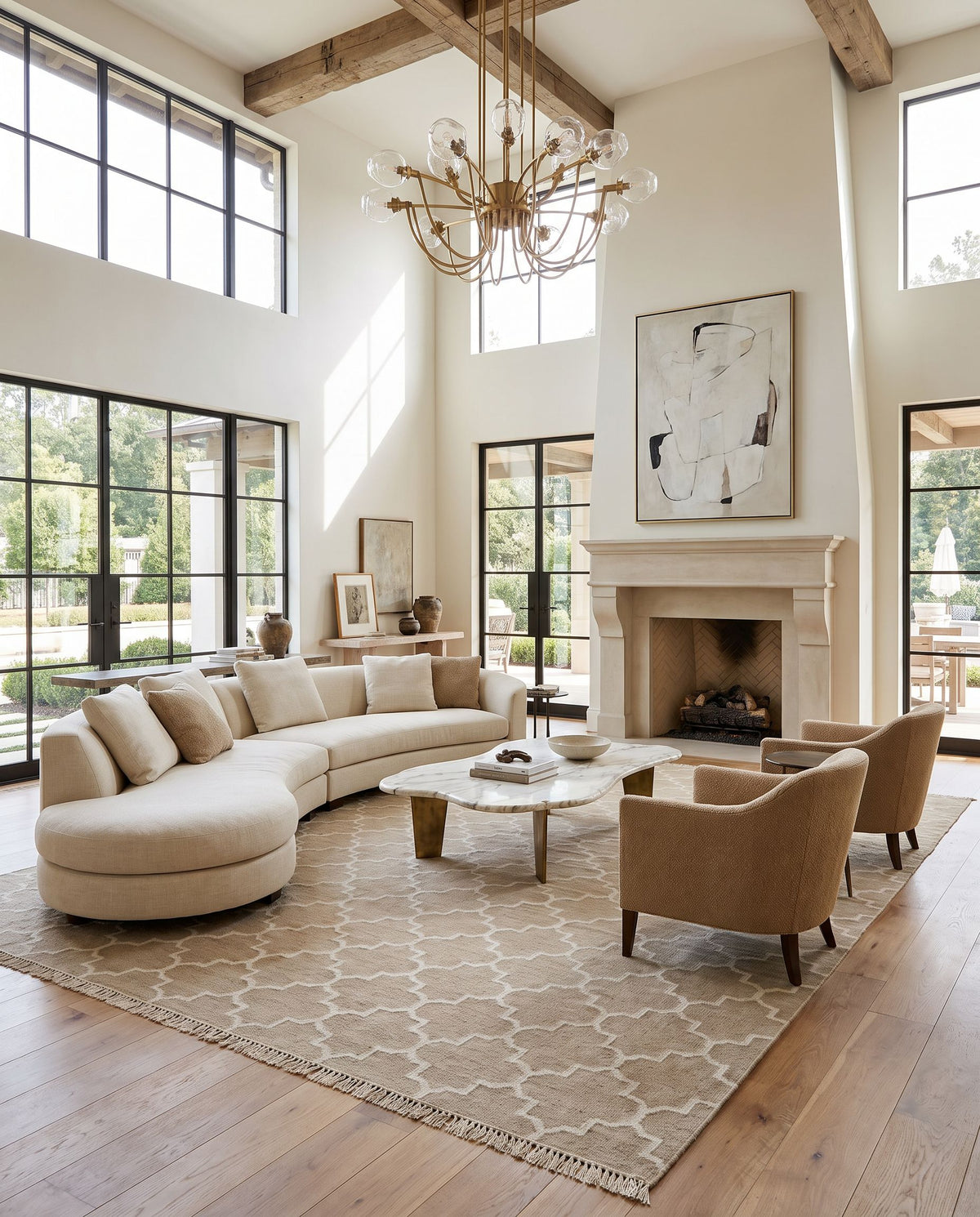 Isle ISL-3002 Hand Woven Rug as the centerpiece of a bright luxury living room — a hand woven modern area rug in tan and cream tones
