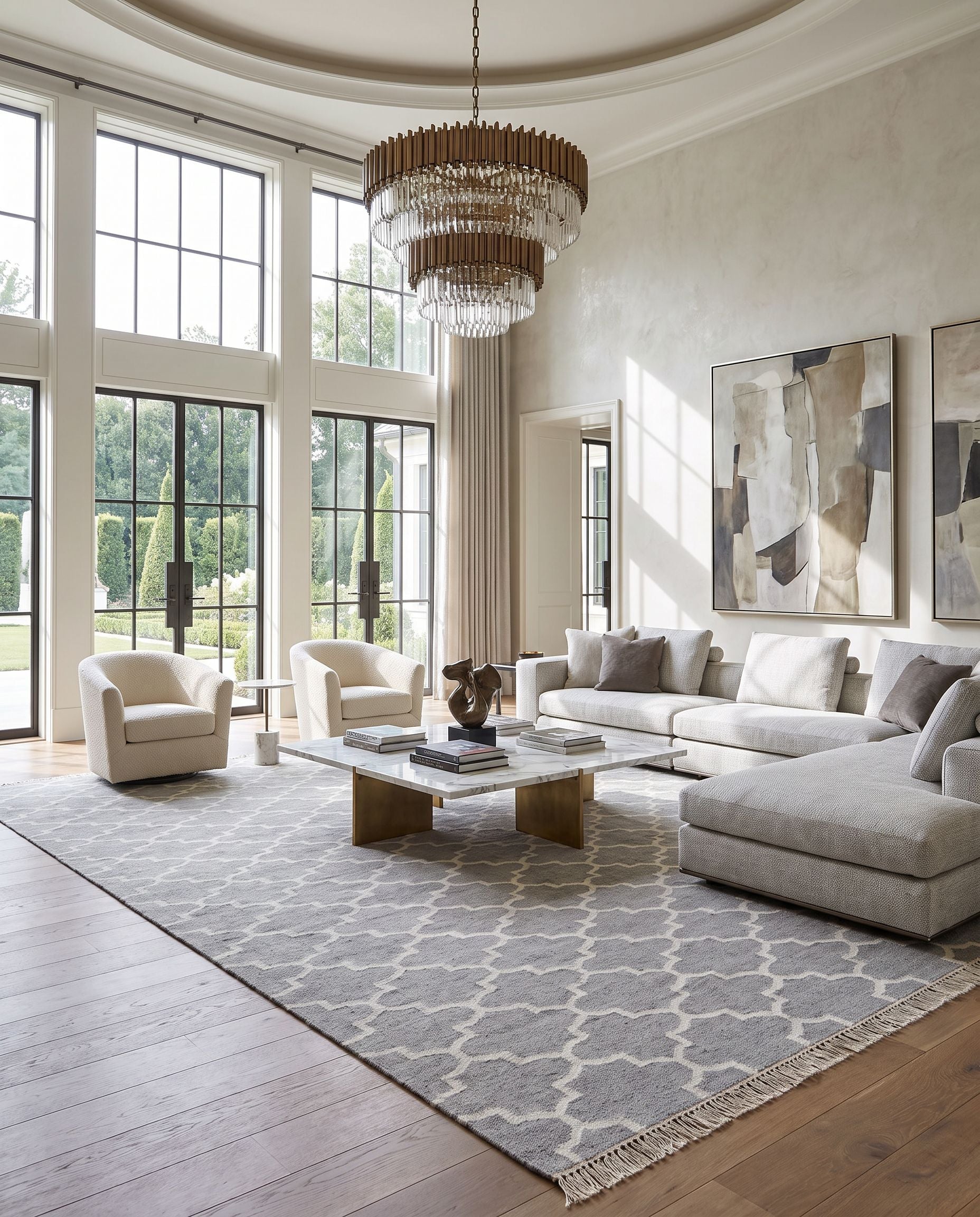 Isle ISL-3003 Hand Woven Rug as the centerpiece of a bright luxury living room — a hand woven modern area rug in charcoal and ivory tones