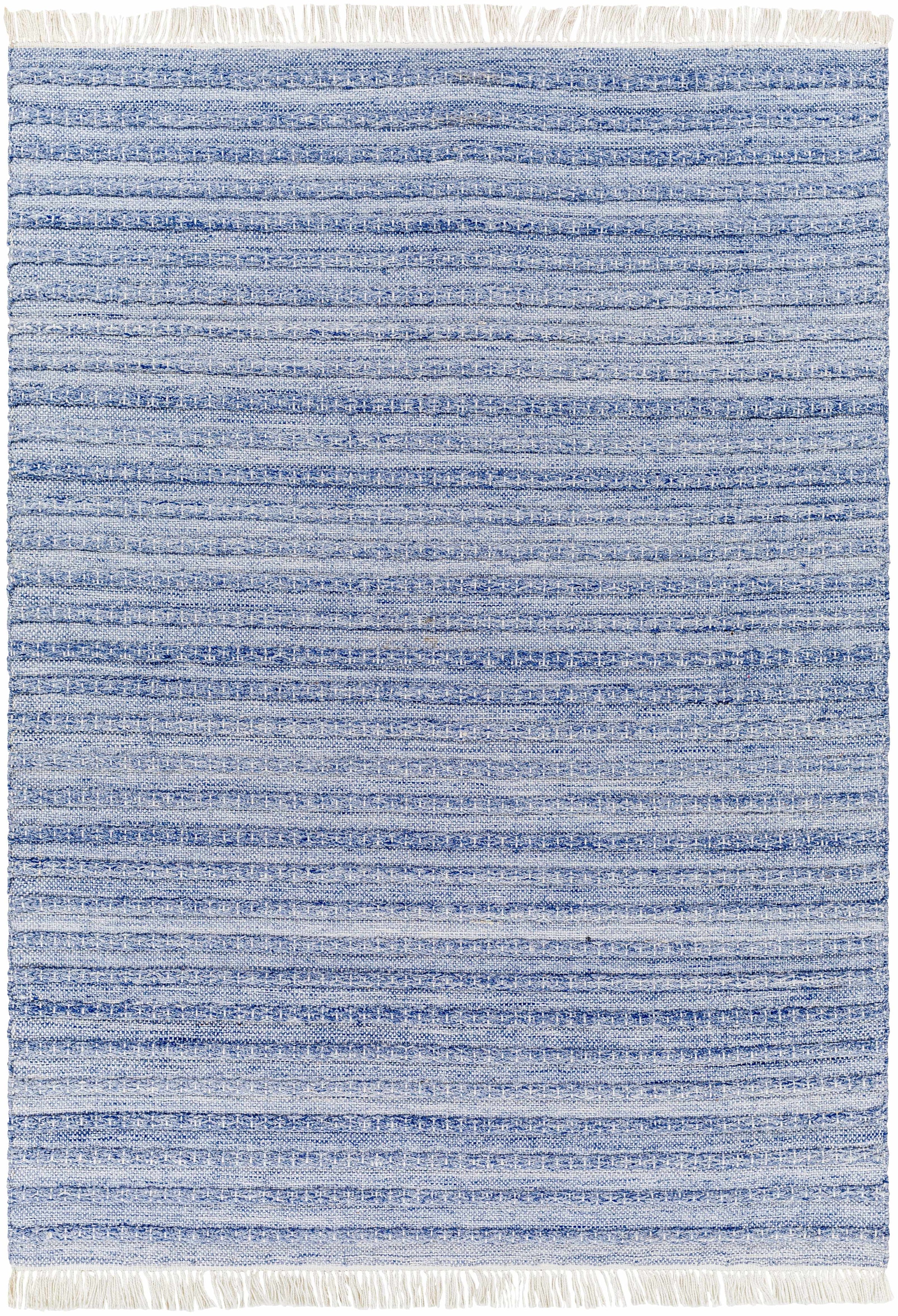 Blue Hand Woven 100% Recycled PET Yarn Modern Rectangle Handmade rug, Indoor use only, has fringe, non-washable. runner also available