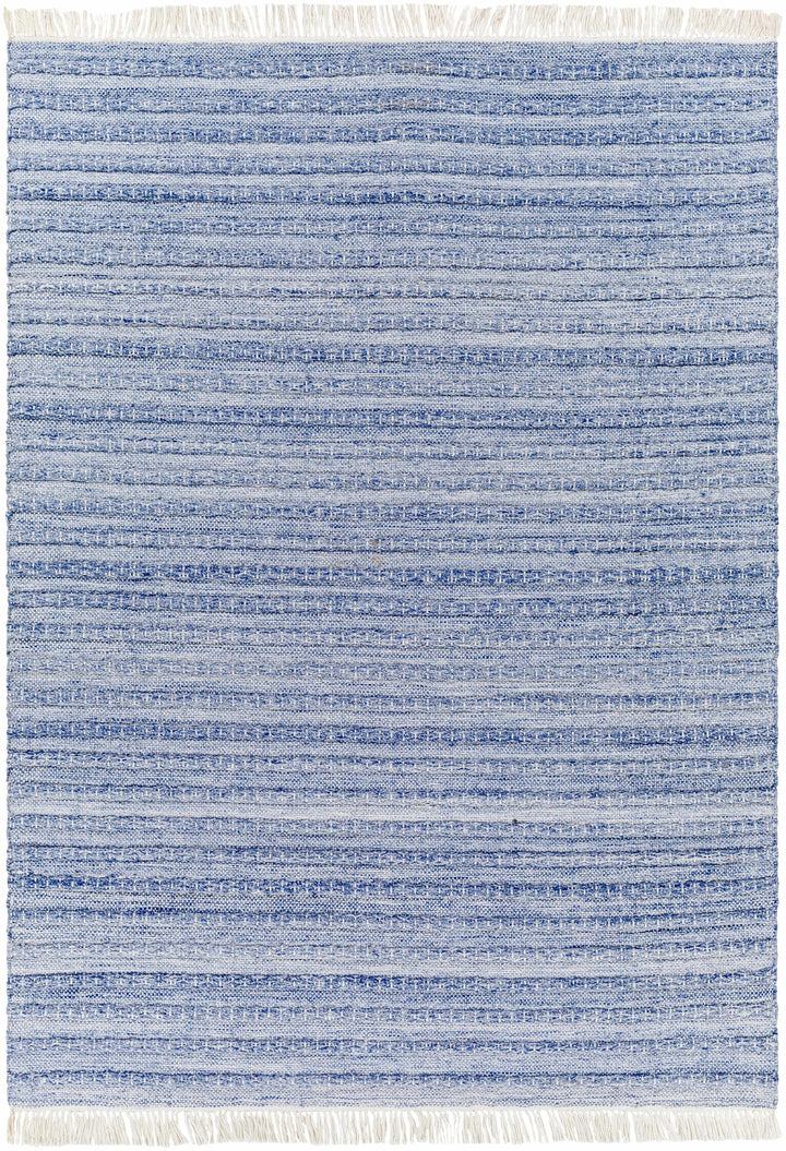 Blue Hand Woven 100% Recycled PET Yarn Modern Rectangle Handmade rug, Indoor use only, has fringe, non-washable. runner also available