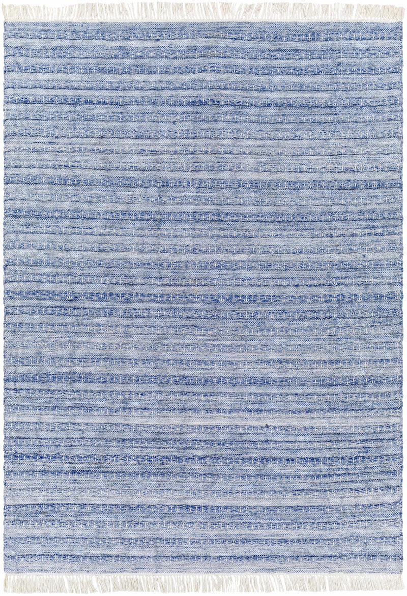 Blue Hand Woven 100% Recycled PET Yarn Modern Rectangle Handmade rug, Indoor use only, has fringe, non-washable. runner also available