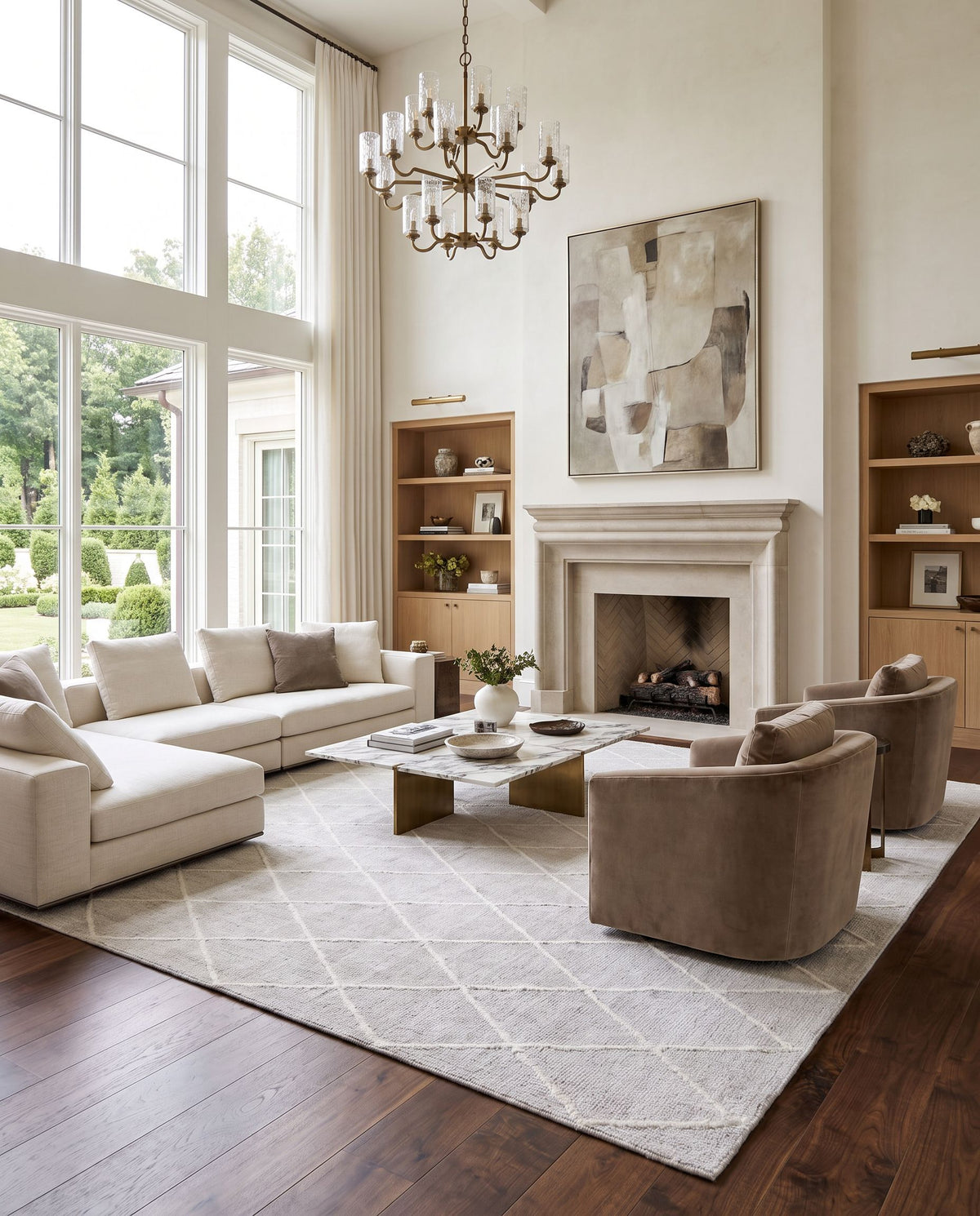 Jaque JAQ-4002 Hand Knotted Rug as the centerpiece of a bright luxury living room — a hand knotted modern area rug in light gray and off-white tones