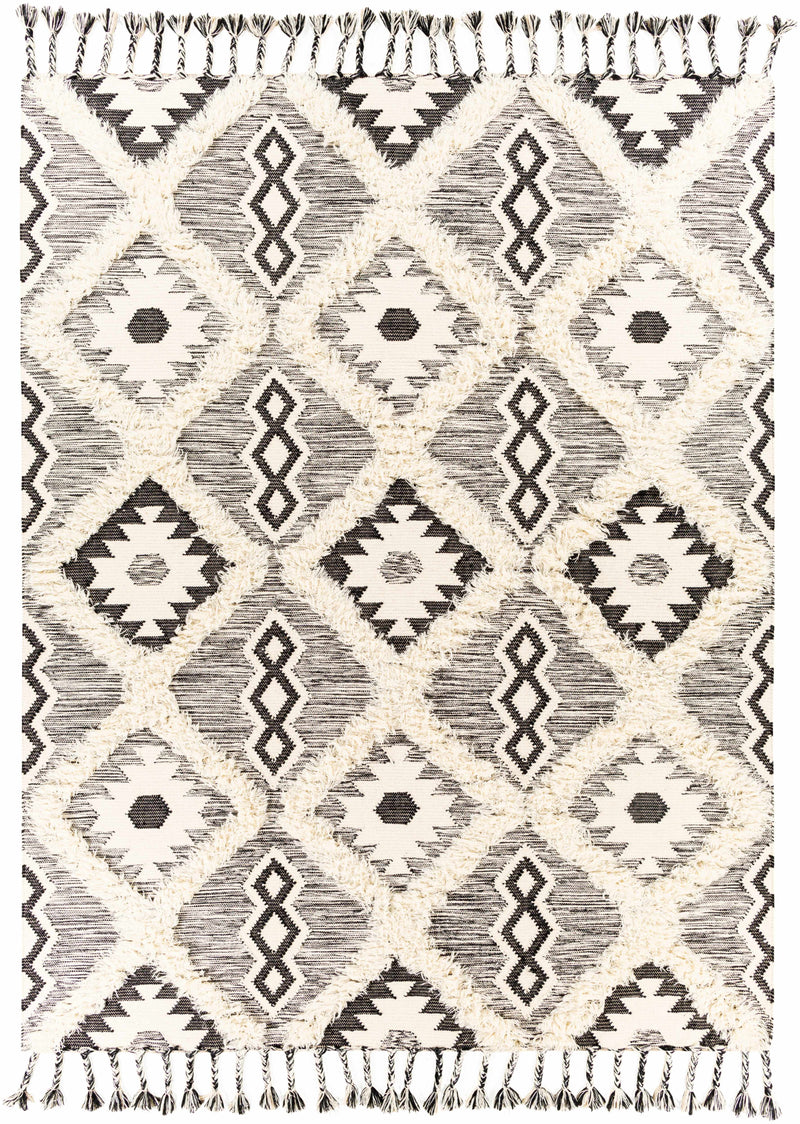 Black Hand Woven 100% Wool Global Rectangle Handmade rug, Indoor use only, has fringe, non-washable. runner also available