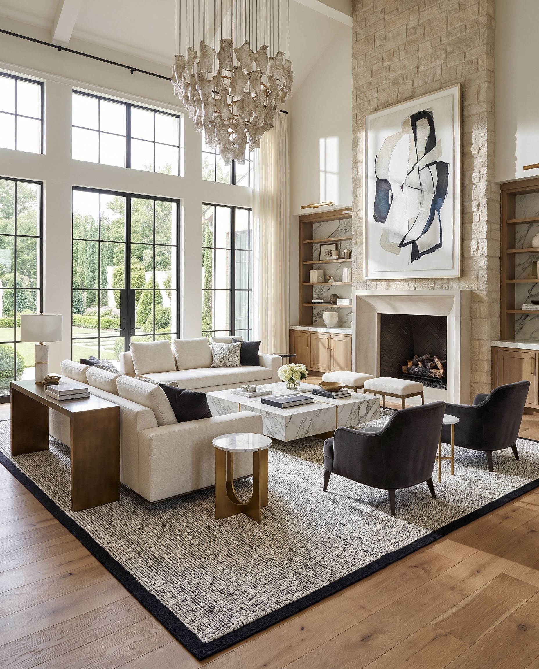 Jadie JDE-2300 Hand Woven Rug as the centerpiece of a bright luxury living room — a hand woven cottage area rug in charcoal, ash gray and ivory tones