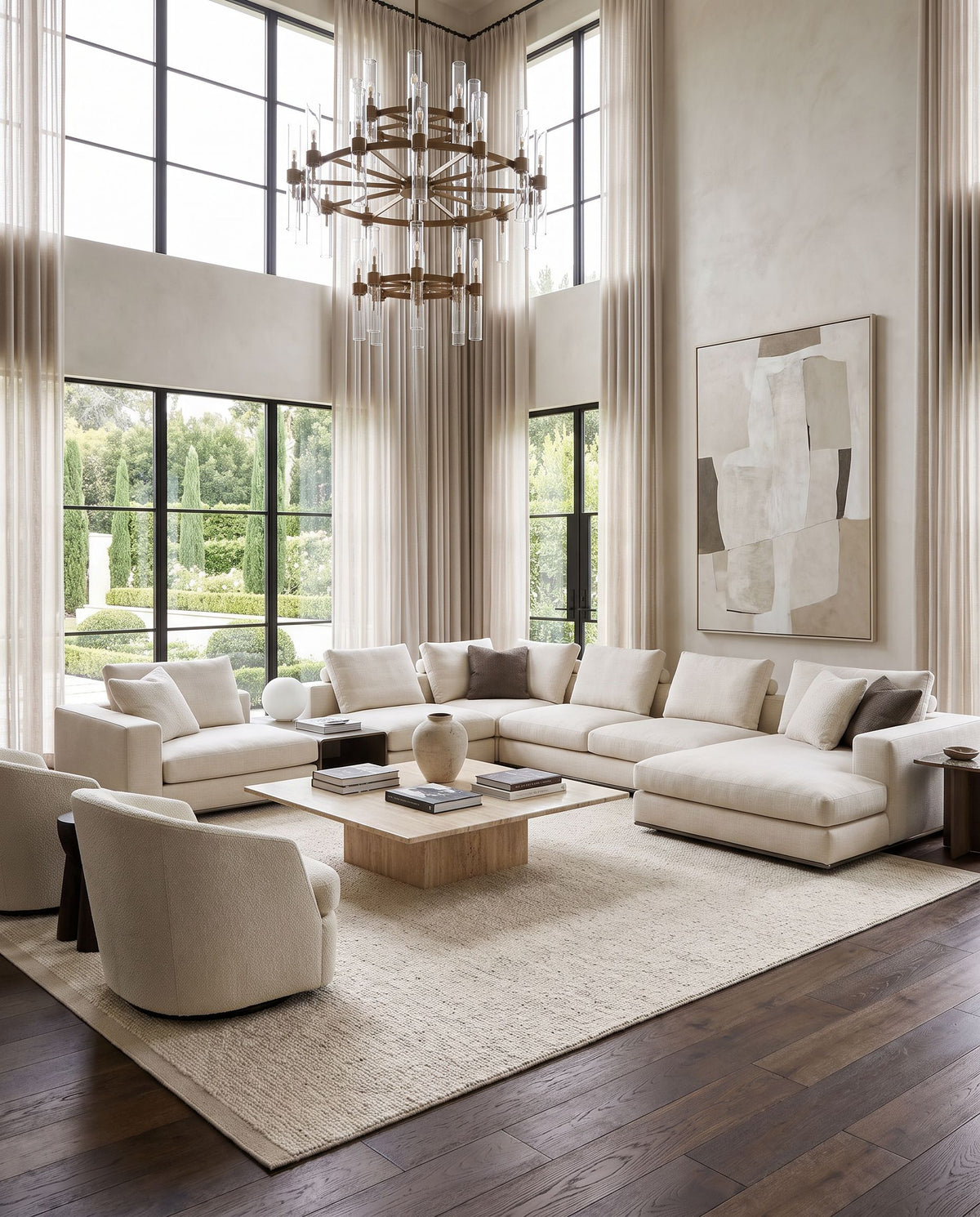 Jadie JDE-2301 Hand Woven Rug as the centerpiece of a bright luxury living room — a hand woven cottage area rug in ivory, cream and taupe tones