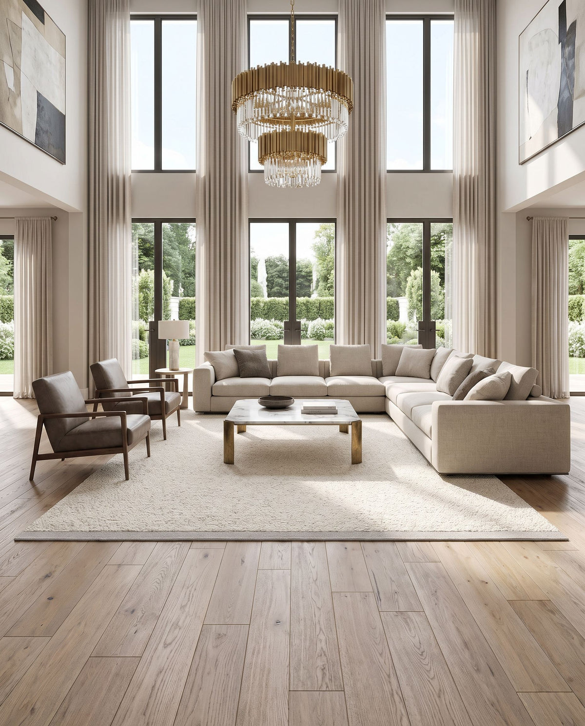 Jadie JDE-2301 Hand Woven Rug styled in an elegant designer living room — hand woven cottage area rug in ivory, cream and taupe tones