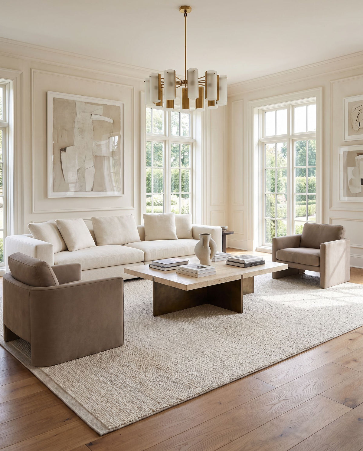 Jadie JDE-2301 Hand Woven Rug styled in an elegant designer living room — hand woven cottage area rug in ivory, cream and taupe tones
