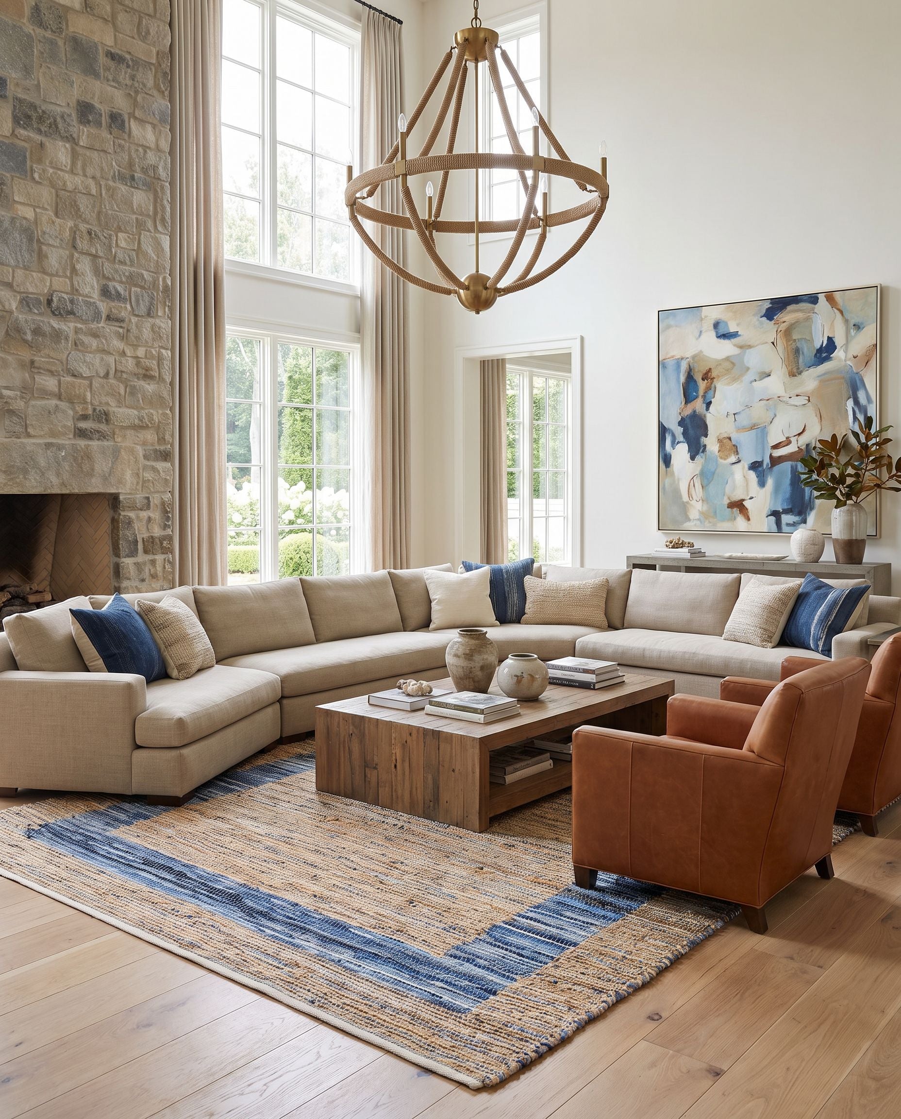 Jean JEA-2300 Hand Woven Rug as the centerpiece of a bright luxury living room — a hand woven modern area rug in tan, beige, dark blue and blue tones