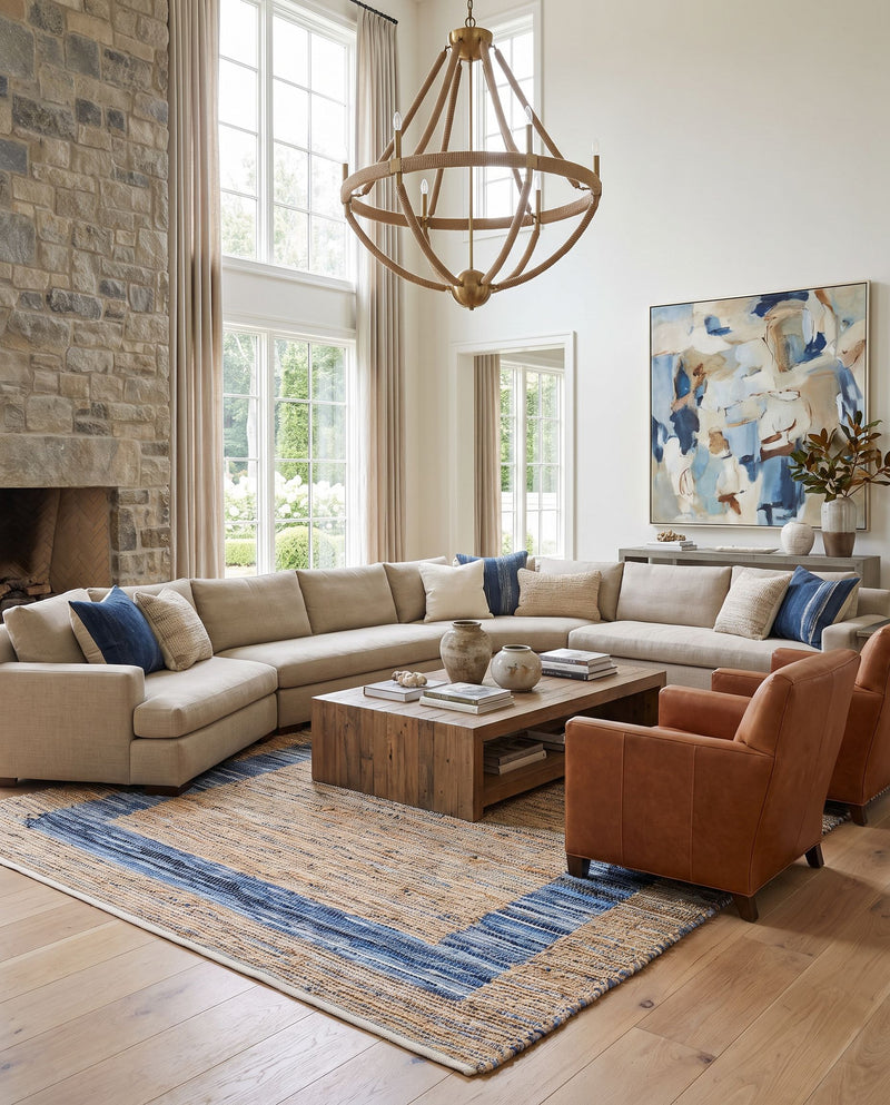Jean JEA-2300 Hand Woven Rug as the centerpiece of a bright luxury living room — a hand woven modern area rug in tan, beige, dark blue and blue tones