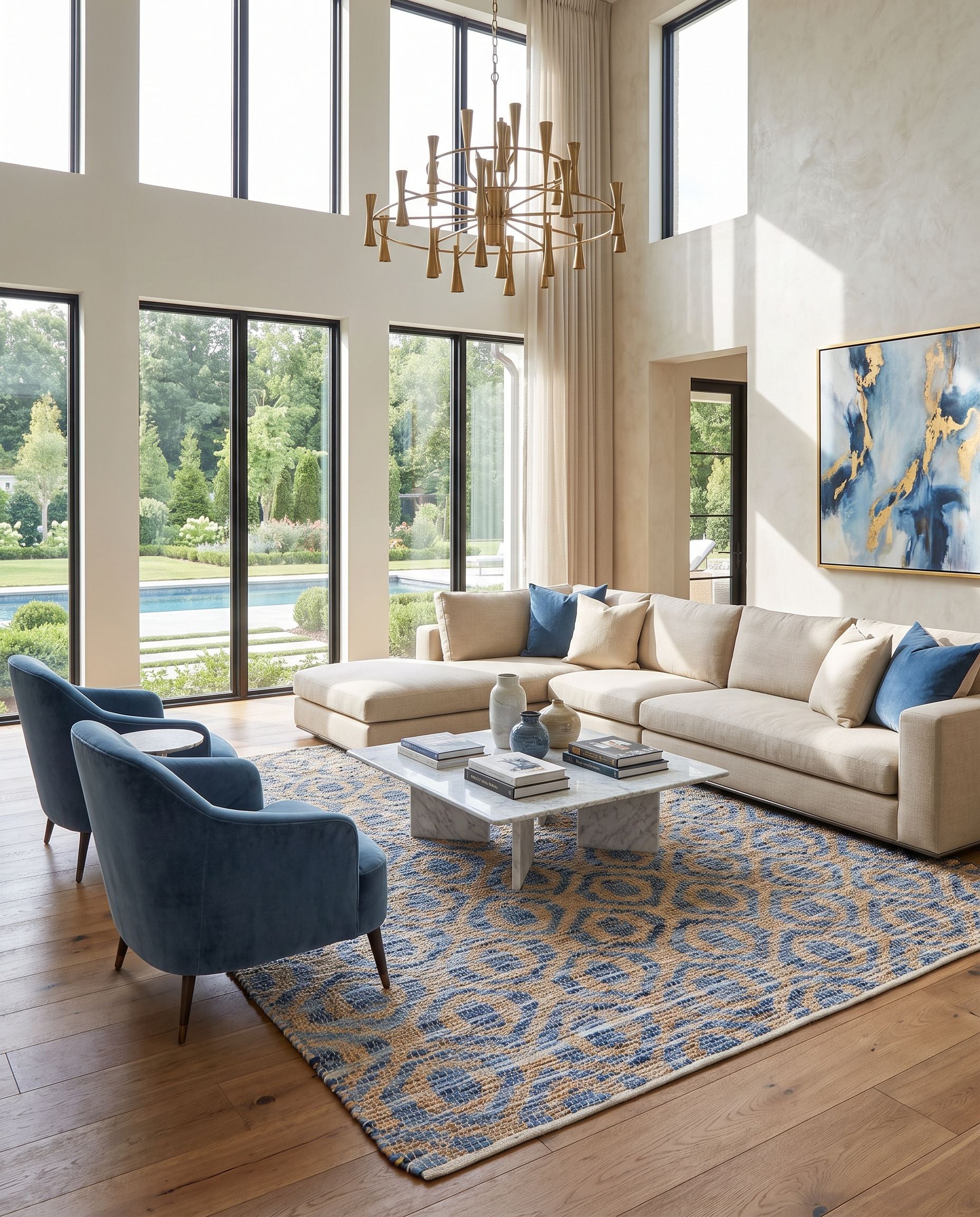 Jean JEA-2304 Hand Woven Rug as the centerpiece of a bright luxury living room — a hand woven modern area rug in tan, beige, dark blue and blue tones