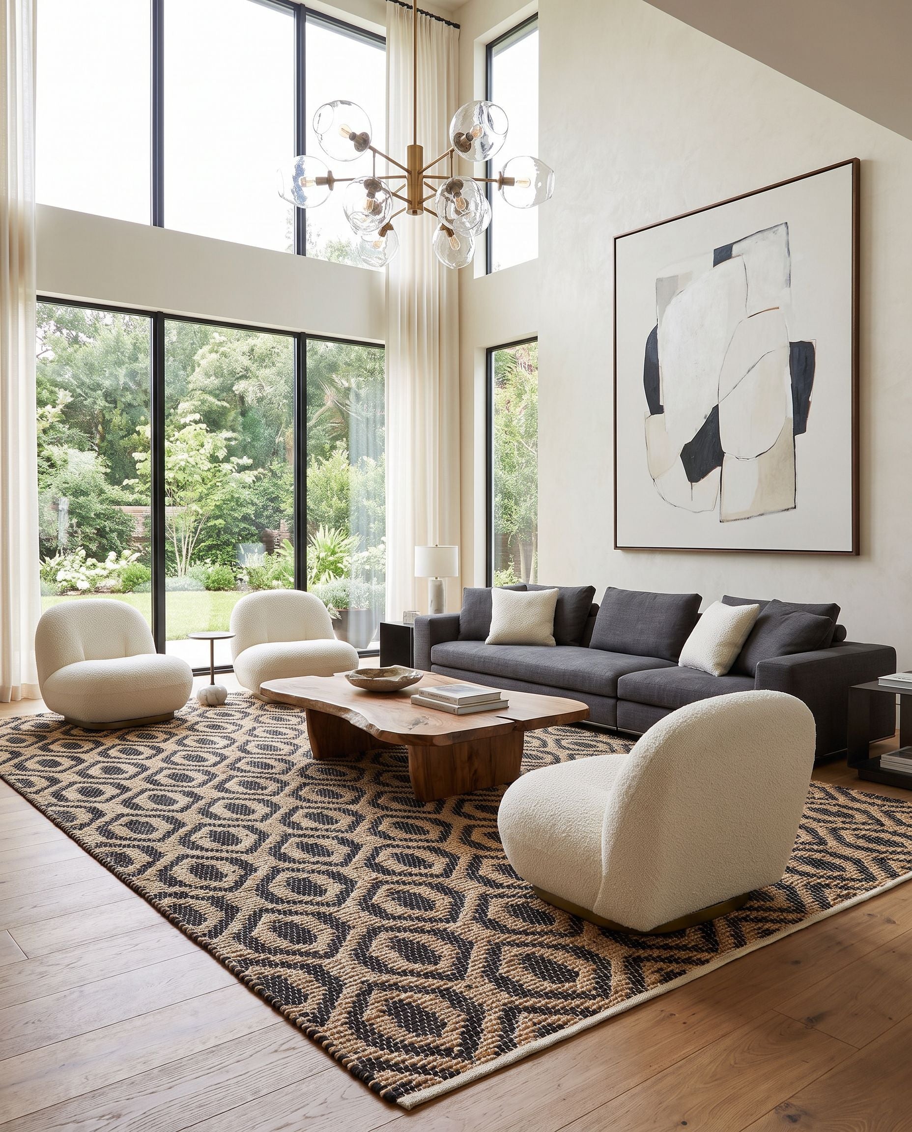Jean JEA-2306 Hand Woven Rug as the centerpiece of a bright luxury living room — a hand woven modern area rug in black and tan tones