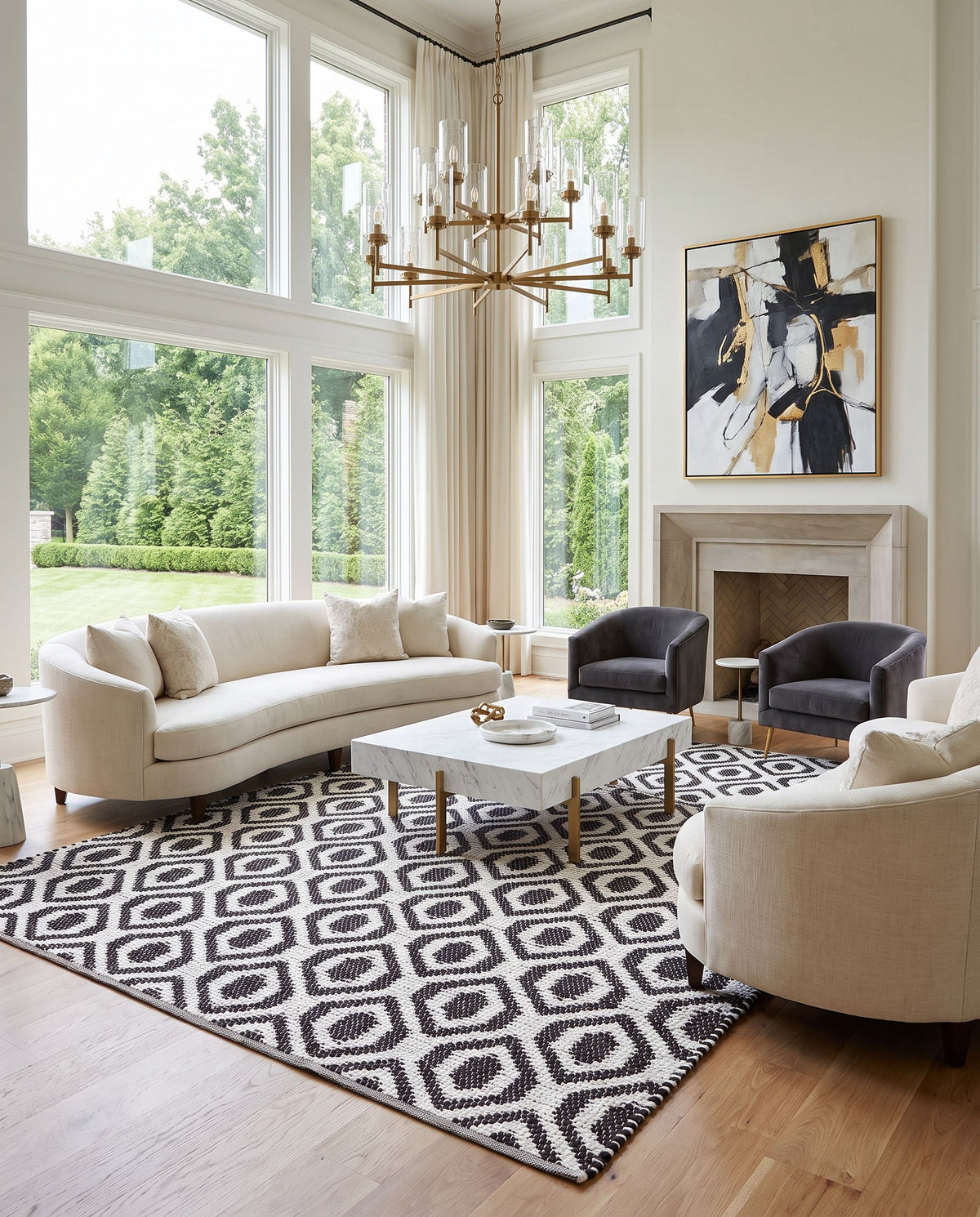Jean JEA-2307 Hand Woven Rug as the centerpiece of a bright luxury living room — a hand woven modern area rug in ivory and black tones