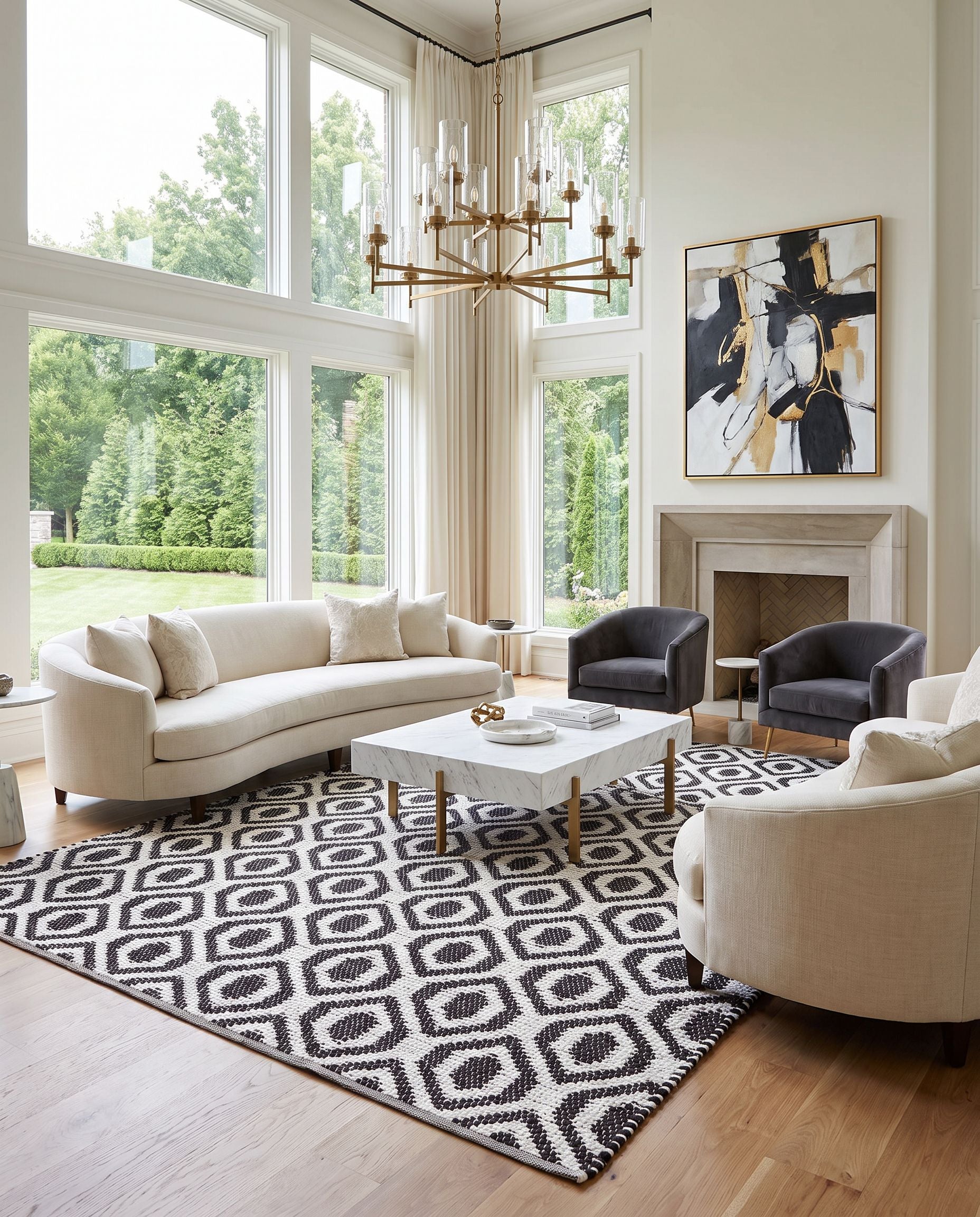 Jean JEA-2307 Hand Woven Rug as the centerpiece of a bright luxury living room — a hand woven modern area rug in ivory and black tones