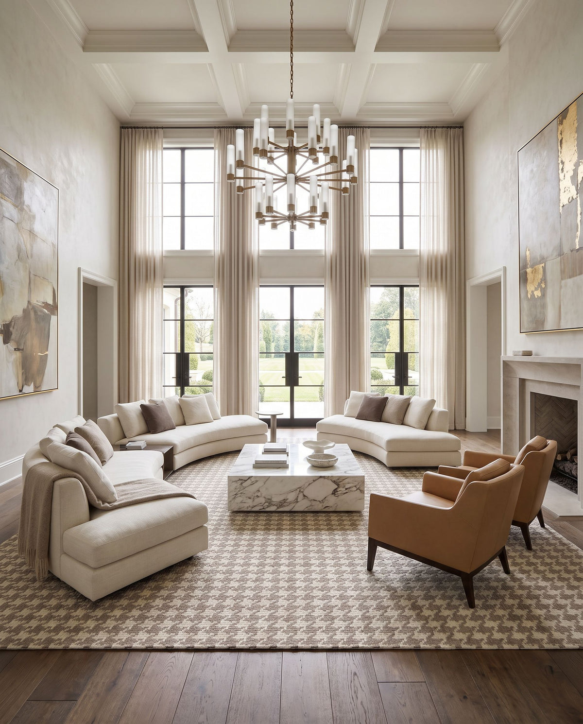 Jigsaw JIG-1001 Hand Woven Rug as the centerpiece of a bright luxury living room — a hand woven cottage area rug in taupe and light gray tones