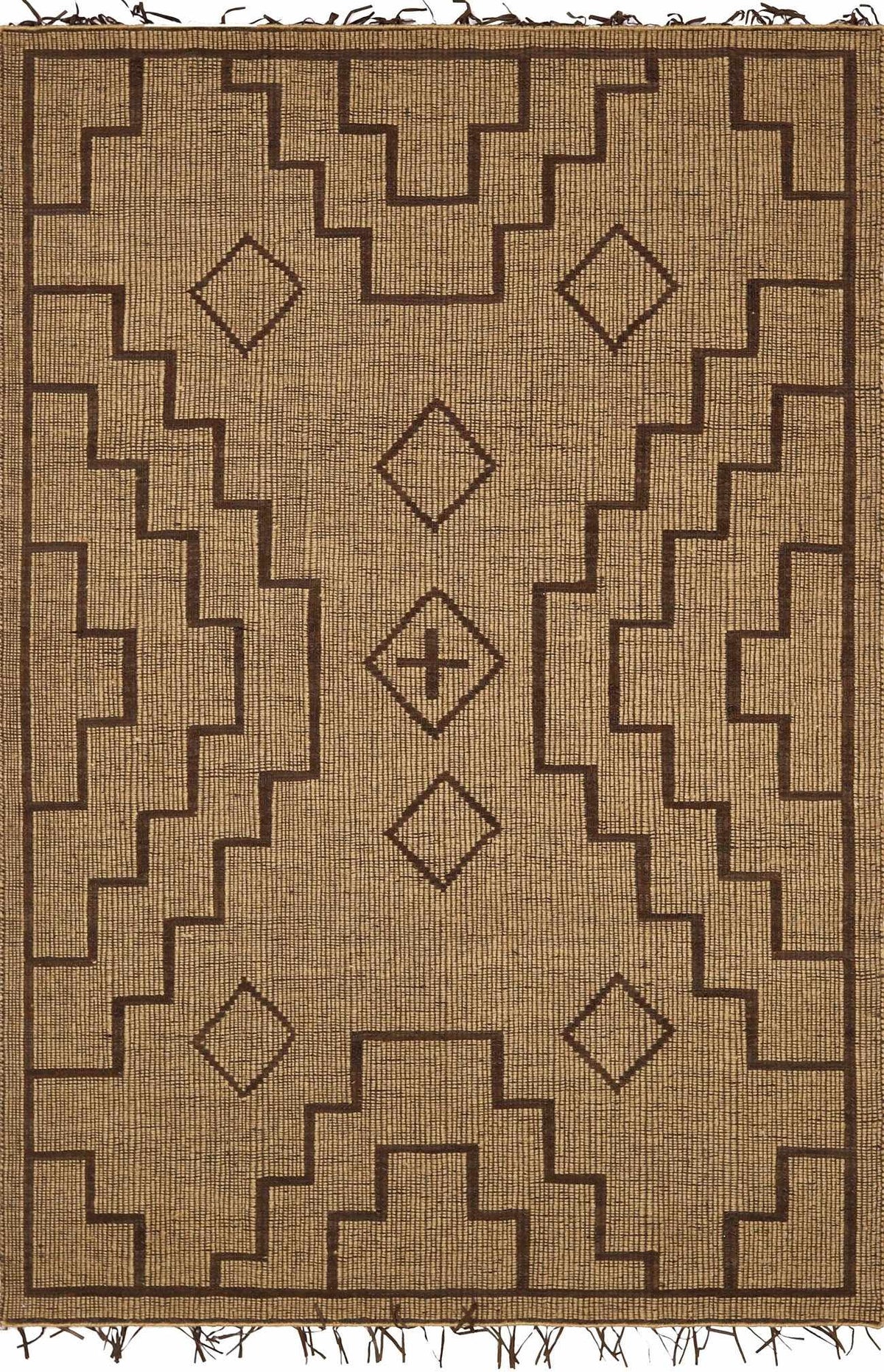 Tan Hand Woven 70% Jute, 30% Leather Global Rectangle Handmade rug, Indoor use only, has fringe, non-washable.