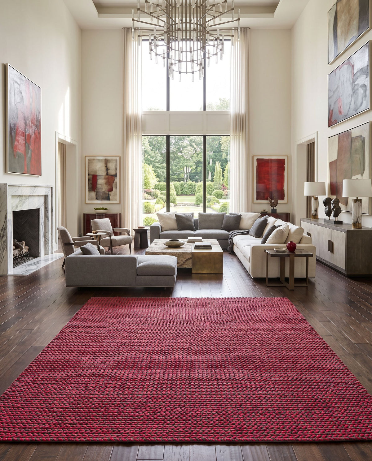 Juno JNO-1005 Hand Woven Rug as the centerpiece of a bright luxury living room — a hand woven cottage area rug in rose and brown tones