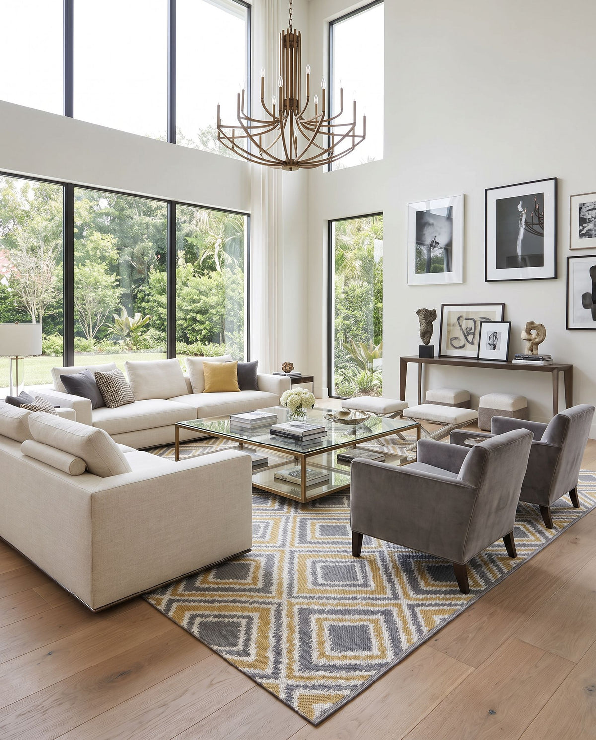 Juniper JNP-5006 Hand Woven Rug as the centerpiece of a bright luxury living room — a hand woven modern area rug in ivory, charcoal and mustard tones