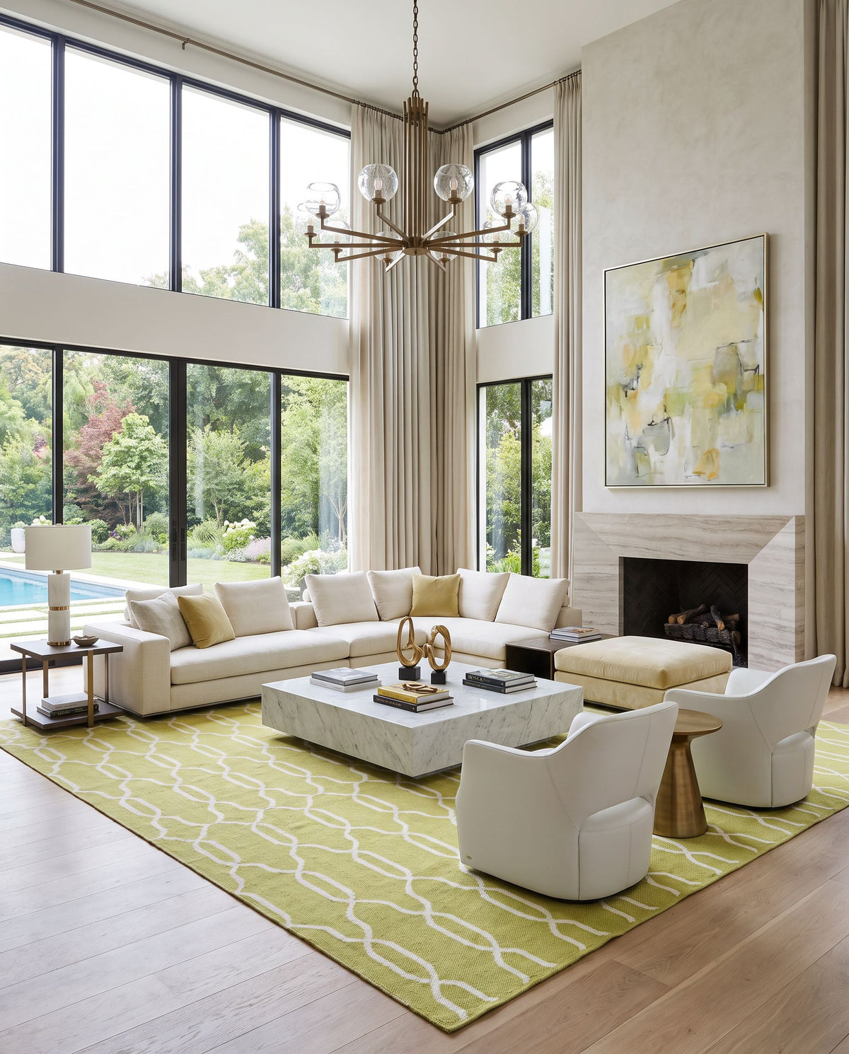 Juniper JNP-5033 Hand Woven Rug as the centerpiece of a bright luxury living room — a hand woven modern area rug in cream and green tones