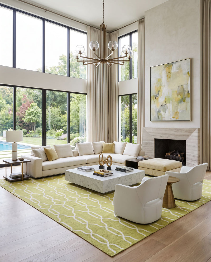 Juniper JNP-5033 Hand Woven Rug as the centerpiece of a bright luxury living room — a hand woven modern area rug in cream and green tones
