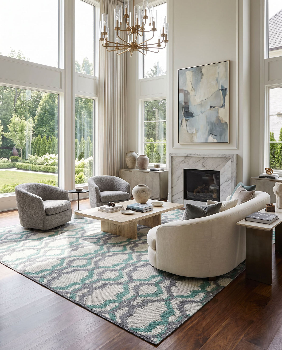 Juniper JNP-5036 Hand Woven Rug as the centerpiece of a bright luxury living room — a hand woven modern area rug in ivory, emerald and charcoal tones