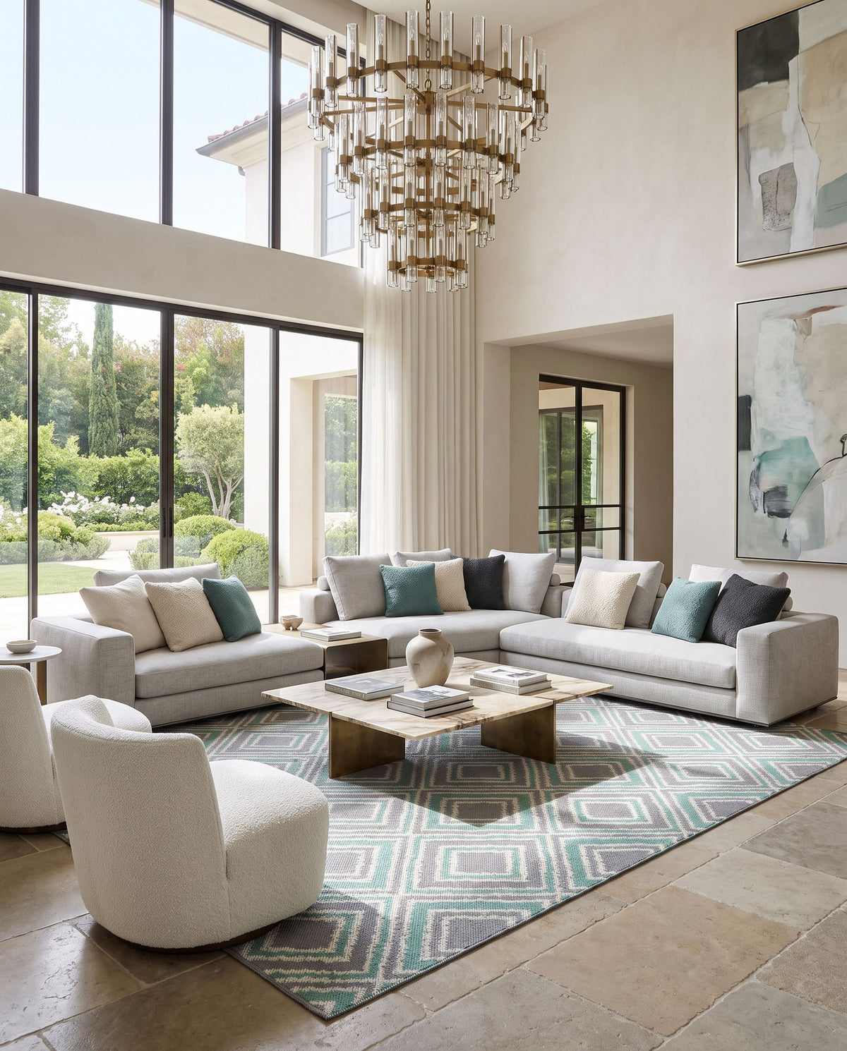 Juniper JNP-5037 Hand Woven Rug as the centerpiece of a bright luxury living room — a hand woven modern area rug in ivory, emerald and charcoal tones