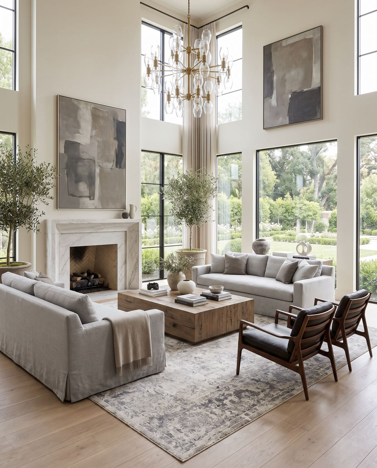 Jordan JOR-2304 Hand Loomed Rug as the centerpiece of a bright luxury living room — a hand loomed traditional area rug in medium gray, light gray, light beige and charcoal tones