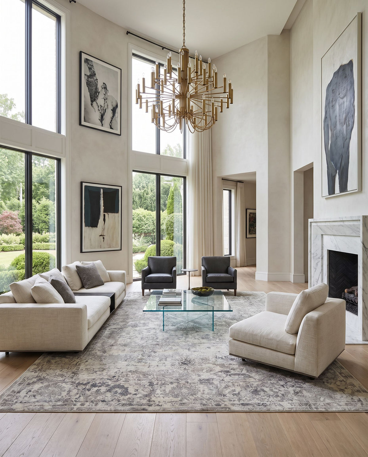 Jordan JOR-2304 Hand Loomed Rug styled in an elegant designer living room — hand loomed traditional area rug in medium gray, light gray, light beige and charcoal tones