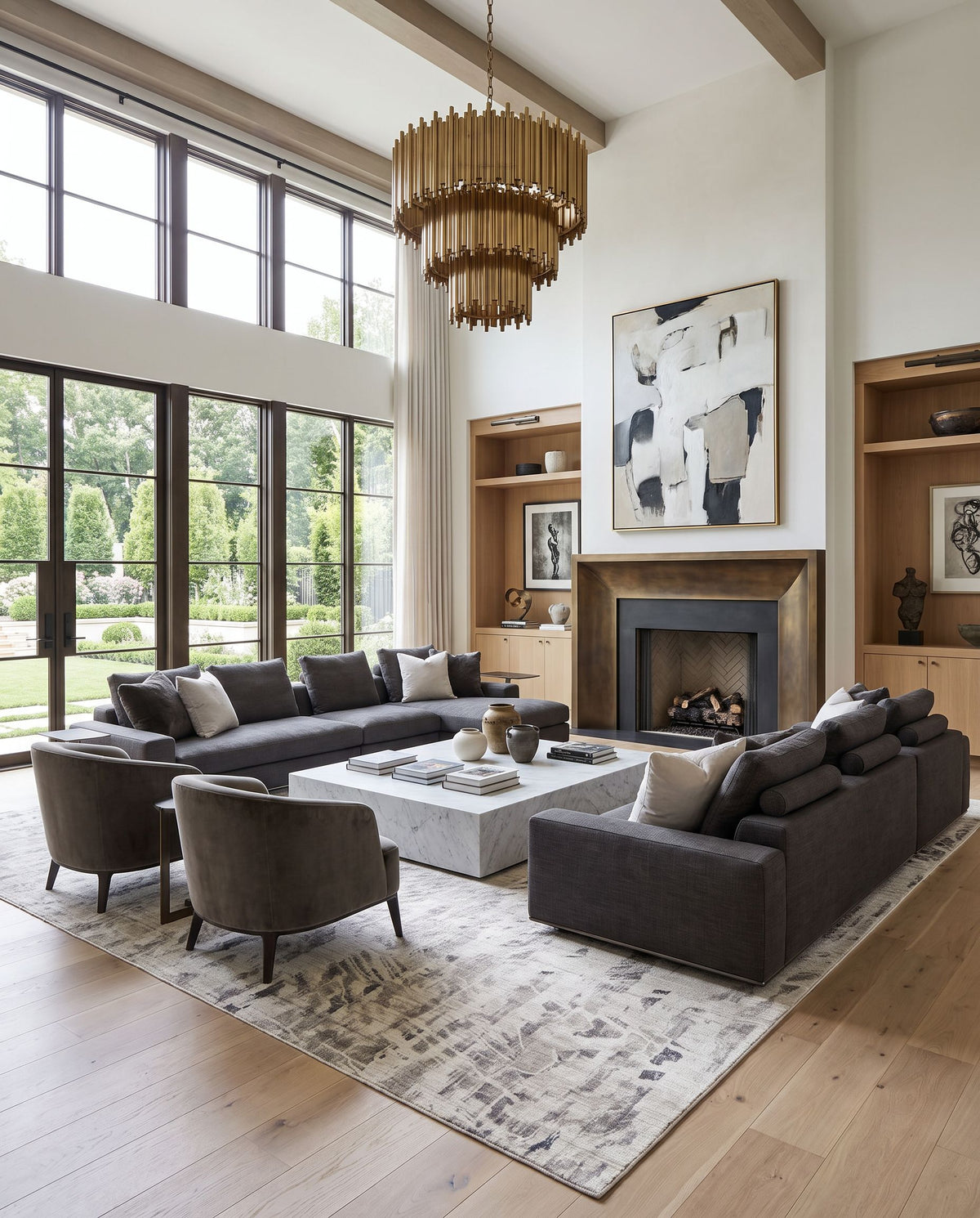 Jordan JOR-2308 Hand Loomed Rug as the centerpiece of a bright luxury living room — a hand loomed modern area rug in ivory, taupe and charcoal tones