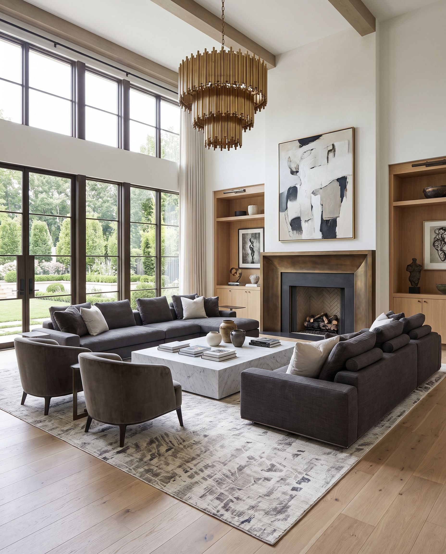Jordan JOR-2308 Hand Loomed Rug as the centerpiece of a bright luxury living room — a hand loomed modern area rug in ivory, taupe and charcoal tones