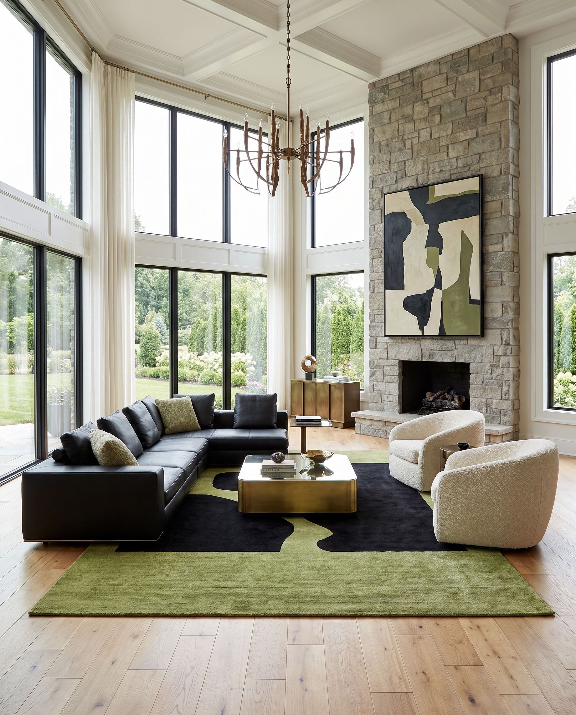 Jason Wu JSW-1002 Hand Tufted Rug as the centerpiece of a bright luxury living room — a hand tufted contemporary area rug in olive and charcoal black tones