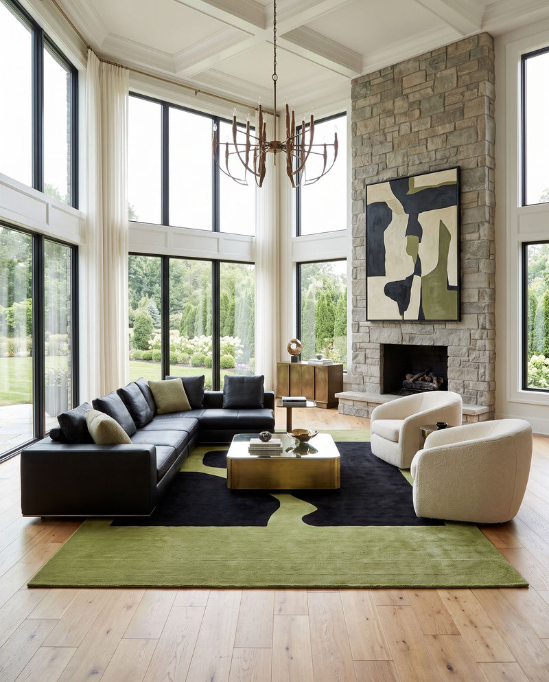 Jason Wu JSW-1002 Hand Tufted Rug as the centerpiece of a bright luxury living room — a hand tufted contemporary area rug in olive and charcoal black tones