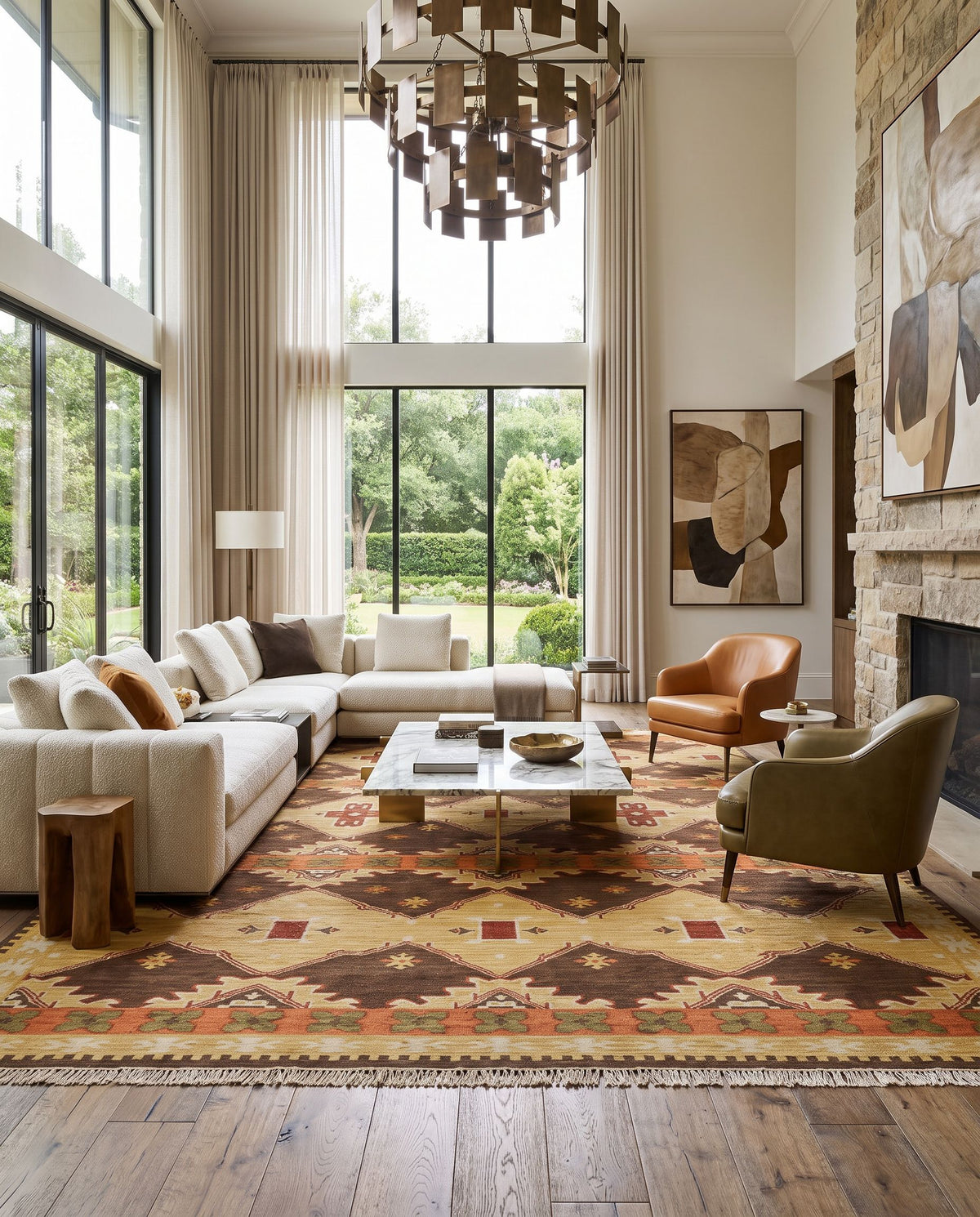 Jewel Tone II JTII-2035 Hand Woven Rug as the centerpiece of a bright luxury living room — a hand woven modern area rug in medium brown, light beige, mustard and burnt orange tones