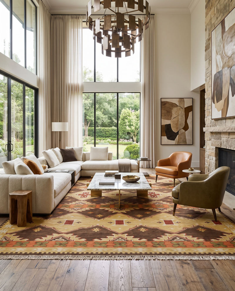 Jewel Tone II JTII-2035 Hand Woven Rug as the centerpiece of a bright luxury living room — a hand woven modern area rug in medium brown, light beige, mustard and burnt orange tones